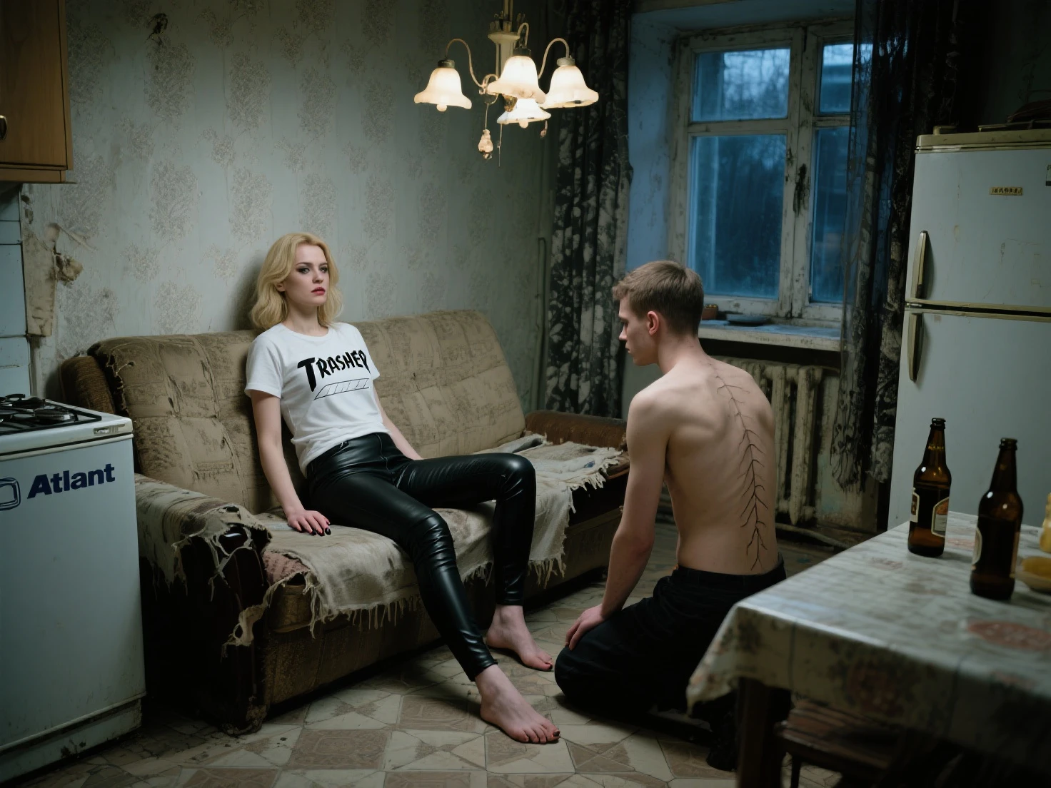 (evil albino lathy androgynous male, Cockatrice King, thin neck, frail shoulders, weak arms, flat chest, soft belly, curvy hips, thick avian thighs, male crotch, massive buttocks, depraved homosexual, rapist, kidnapper, cradle robber, birdbrain queer, weak stomach, weak bladder)