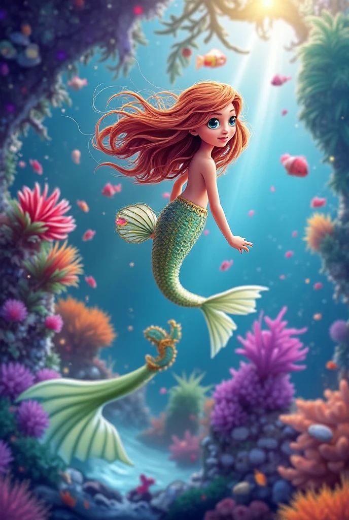 Full body photo taken from the top of the figure, mermaid princess, cute girl, long red-brown hair, round eyes, smile, underwater, sea, digital painting, flat body, arms and hands open, legs open, stilt buttocks, rounded legs, taken from above the woman's back, female face facing forward, full body photo, soft light, (coral swimming tropical fish), (pale skin: 1.2), swimsuit, analytical art, detail painting, bioluminescence, iridescent, octane,