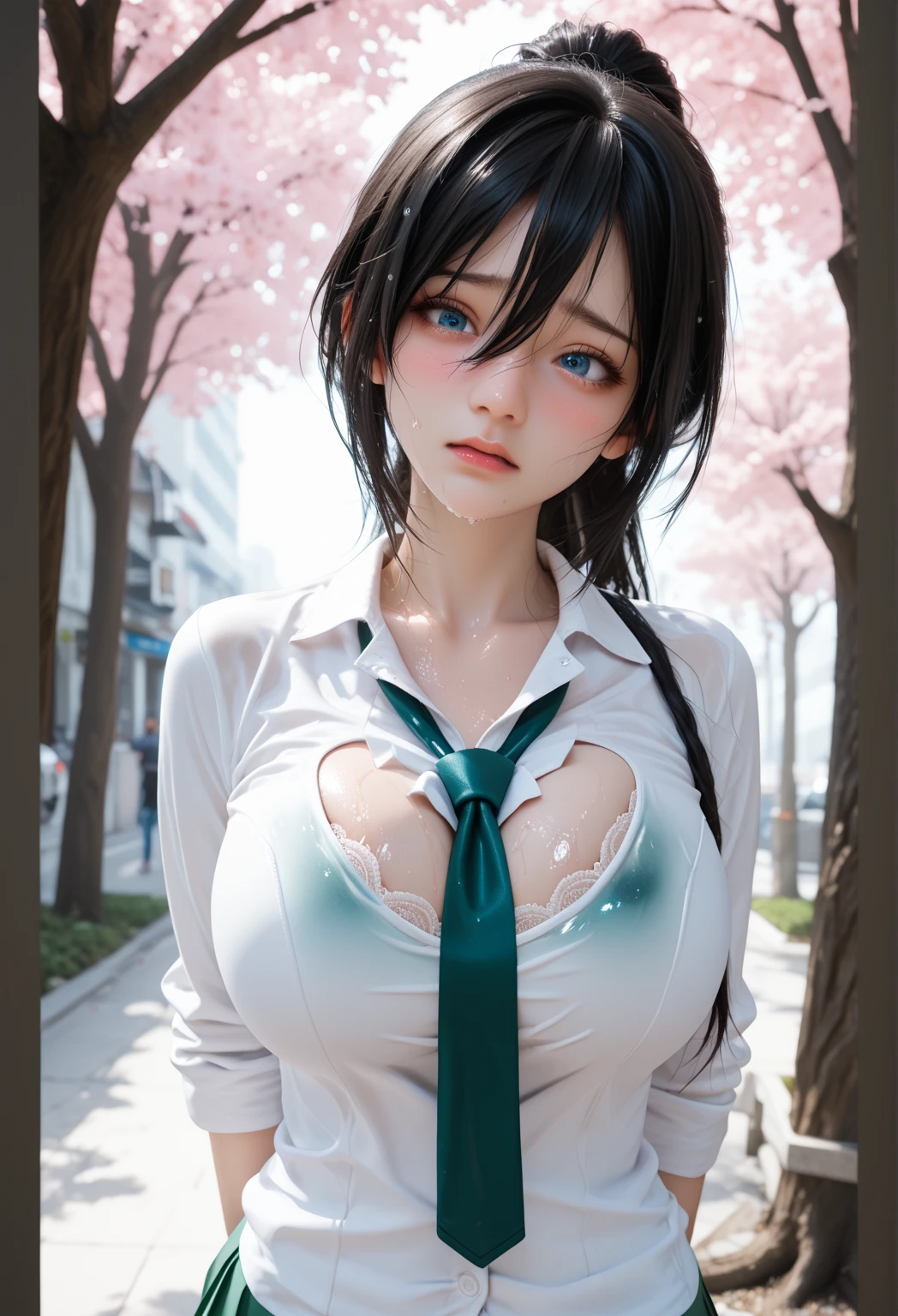 Nipples can be seen through , torn clothes , cloth pieces , (Torn clothes:1.5), (Wet clothes:1.4) , rain