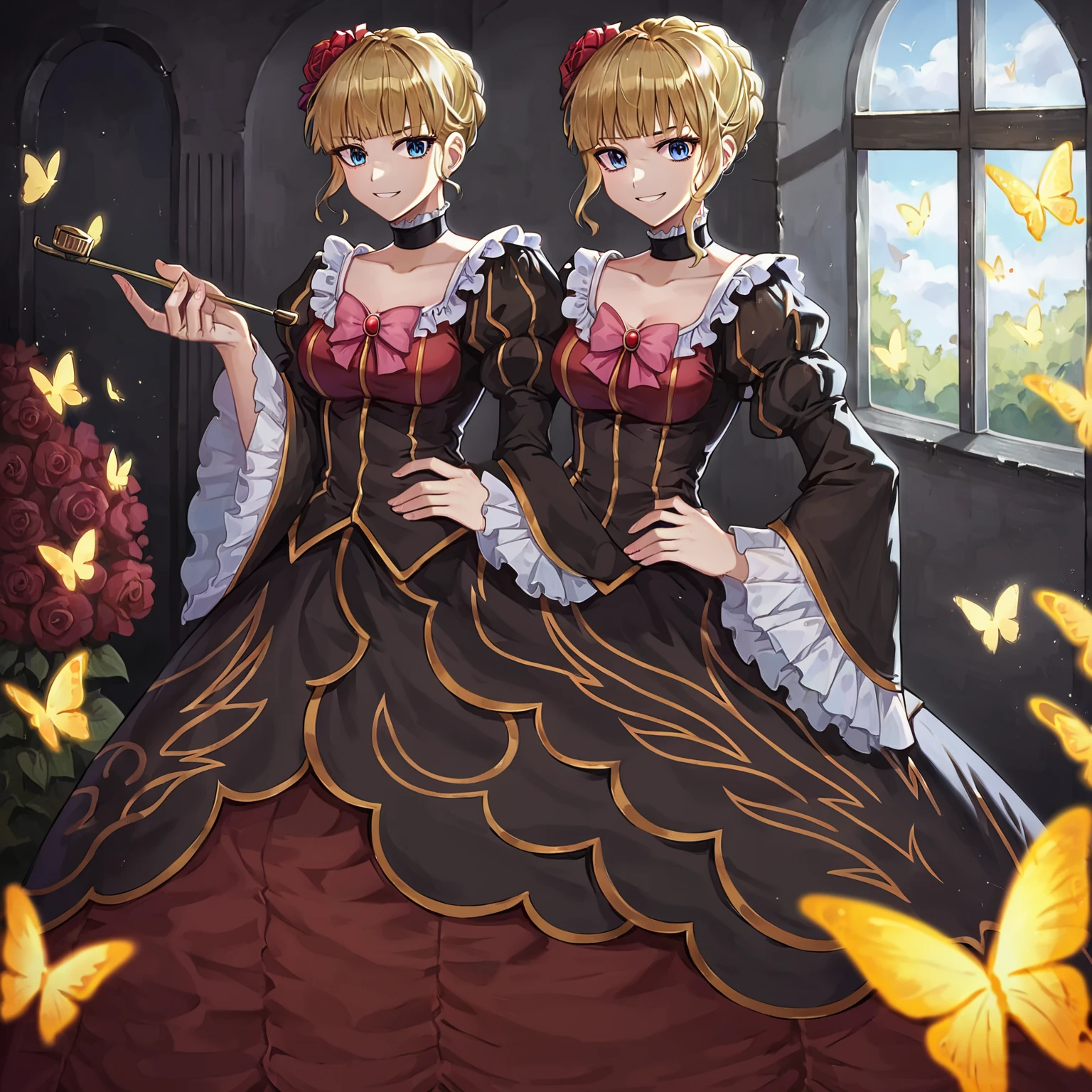 Lesbian anime couple, wedding, black short hair and brown eyes woman, blonde hair and green eyes, royalty, nobility, princess, elegant, kiss, bouquet of flowers, high quality, very detailed, lesbian couple.