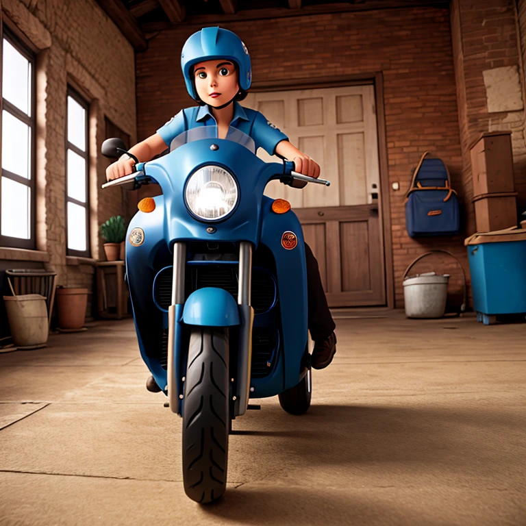 A 5-year-old child working in the police station in the Children's City and driving a motorcycle, serious and detailed facial features, wearing a police uniform, a wide look, natural colors, realism, a cinematic scene