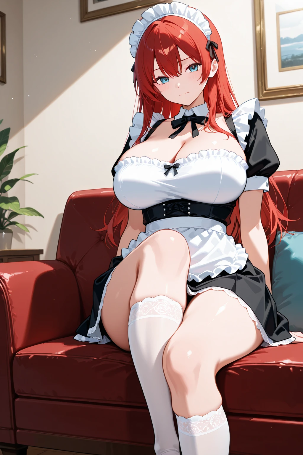 /draw apron orange_hair green_eyes breasts breasts_out couch dress female frills gloves highres koruse large_breasts long_hair looking_at_viewer lying maid maid_apron maid_headdress no_panties original solo gloves black pantyhose lifts her skirt and shows her ass in pantyhose HD UHD HQ