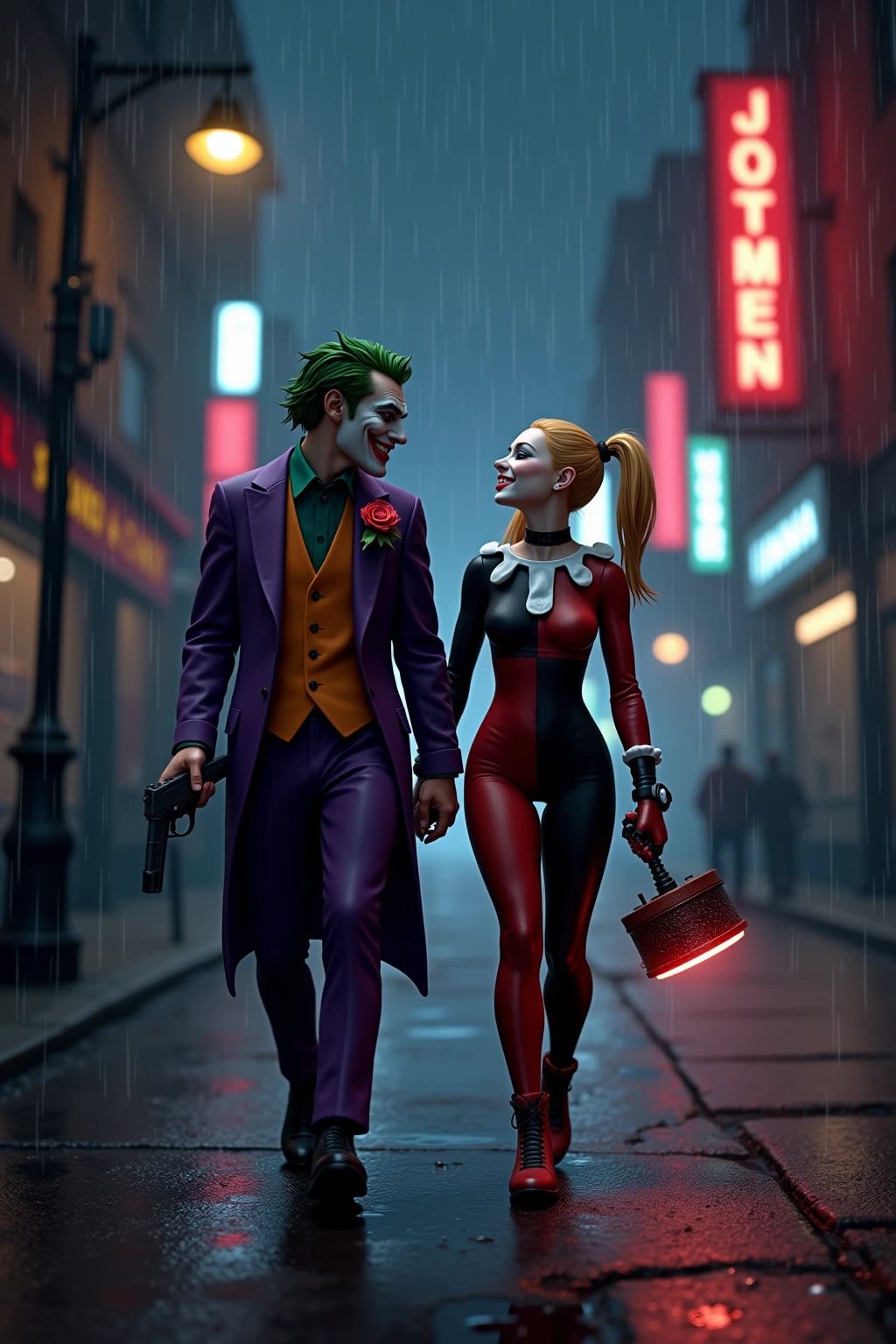 Harley quinn sitting on road while joker is standing  beside her smirking dark aesthetic background at night in road in anime version she is holding a baseball bat in her hand ... She is wearing hot clothes ... She is on badass pose like a villain 