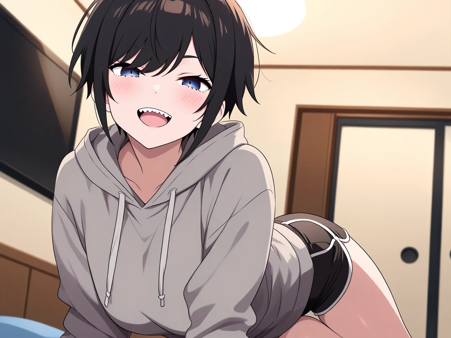 masterpiece, 1girl, mature female, (pale skin:0.9), red eyes, black hair, (wavy hair:0.1), messy hair, short hair, hair between eyes, mullet, medium breasts, black turtleneck sweater, pussy, clitoris, carpet, dildo, straddling, lower body, close-up 