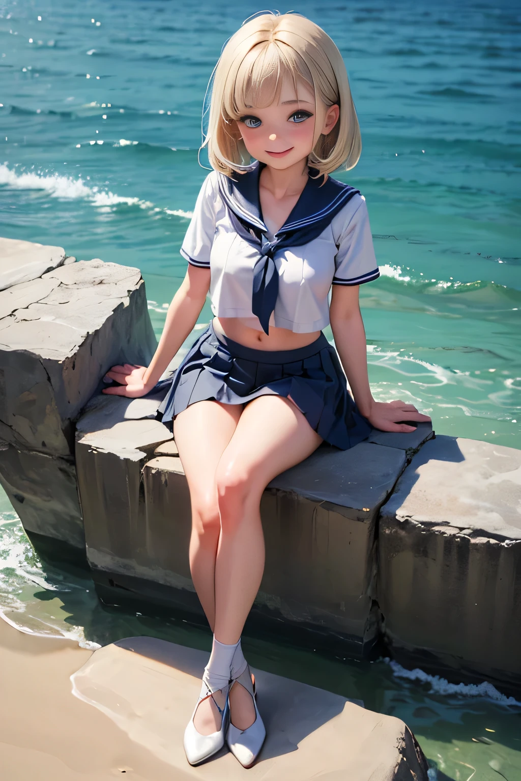 blonde short-haired nude pretty Russian girl with blue round eyes wearing sailor suit on own shoulder, lower-body nude, smiling, pussy, spreading own legs, realistic skin texture, big boob, clitoris, on the top of snow mountains, squared face