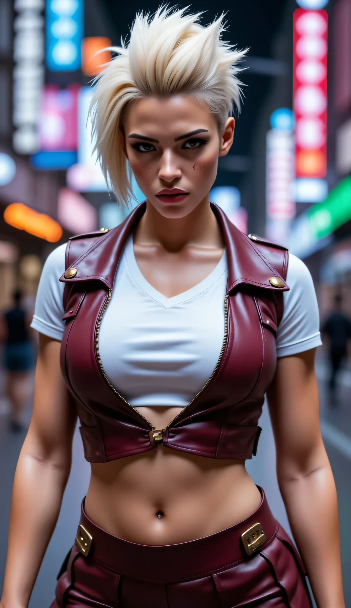 (masterpiece, photorealistic:1.4, extremely intricate:1.3), (photon mapping, radiosity, physically based rendering, ultra resolution, hyper-realistic, 8K), ((mature female, [bodybuilder:supermodel:0.8], ((([large breasts:medium breasts:0.3], white snakeskin leather vest, chrome rivets, ((hardbody, flexing, humid, humid), topless)), ruby necklace, serious, sad, 30 years old, elegant:1.2)), long eyelashes, ((makeup:1.2, red lips)), [skin detail:freckles:0.8]), ((background futuristic neon cyberpunk city street)) professional photograph, (((short pixie hair [blonde hair:bright orange hair:0.8])))), BREAK ((sharp focus, dramatic, award winning, cinematic), bokeh, blurry background, interaction, metal reflections), bright eyes
