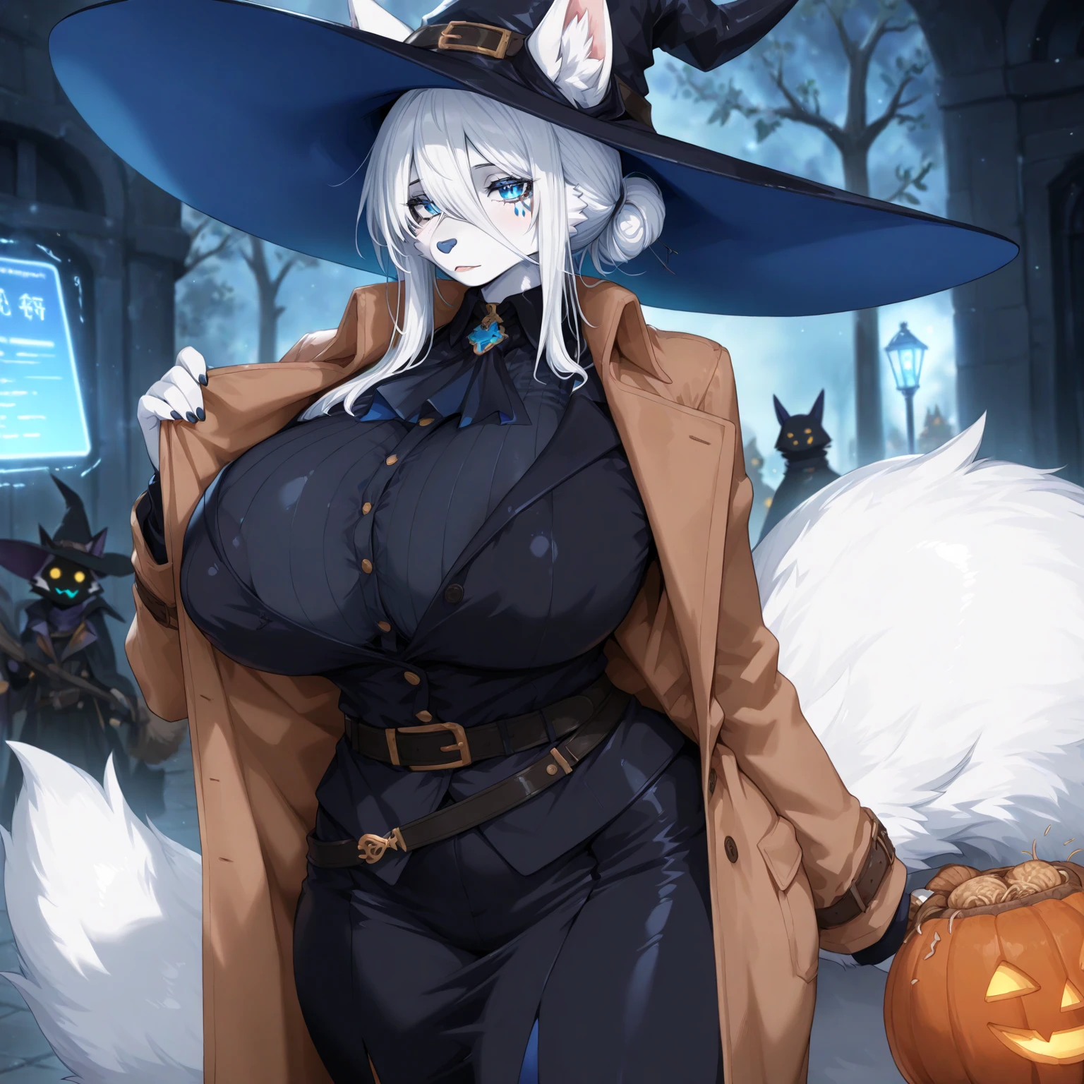 score_9, score_8_up, score_7_up, score_6_up, score_5_up, score_4_up, (solo), female anthro Snow leopard, witch clothes, lusty, fluffy body, long dark black hair, turquoise eyes, (thick thighs:1.3) (she is standing) , giant breasts, garter belt tights
