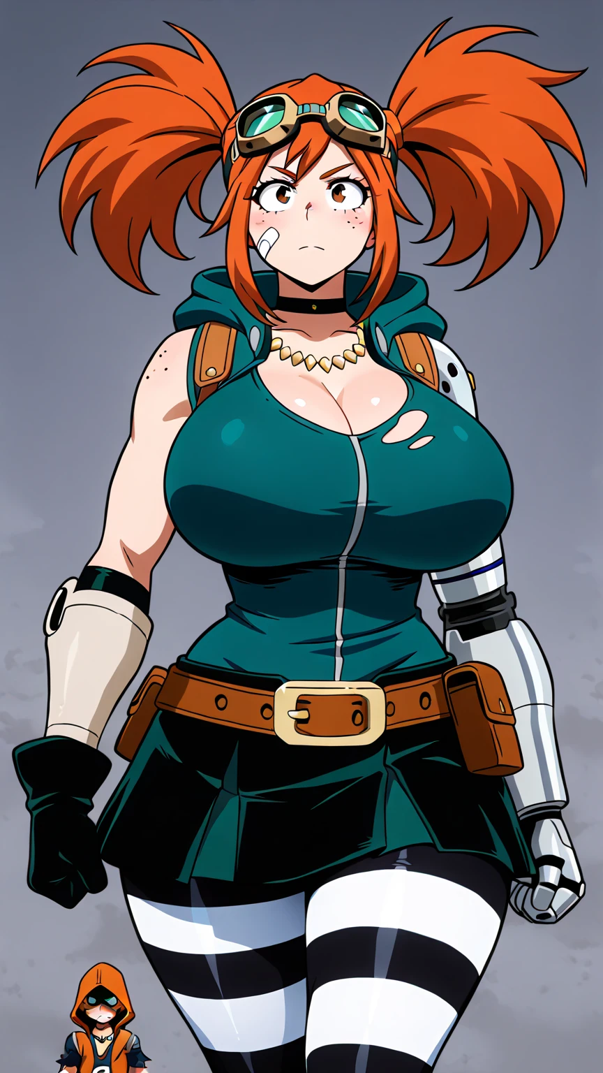 tomboy, warrior, berserker, tall female, muscular female, living hair, sauvage,, medieval clothing, fantasy, fantasy weapon, huge breasts, barbarian pants, , combat boots, armor, red hair, crazy smile, open mouth, biceps, necktie, thick arms,pullover, solo focus, long hair, , crazy smile, sharpteeth, standing