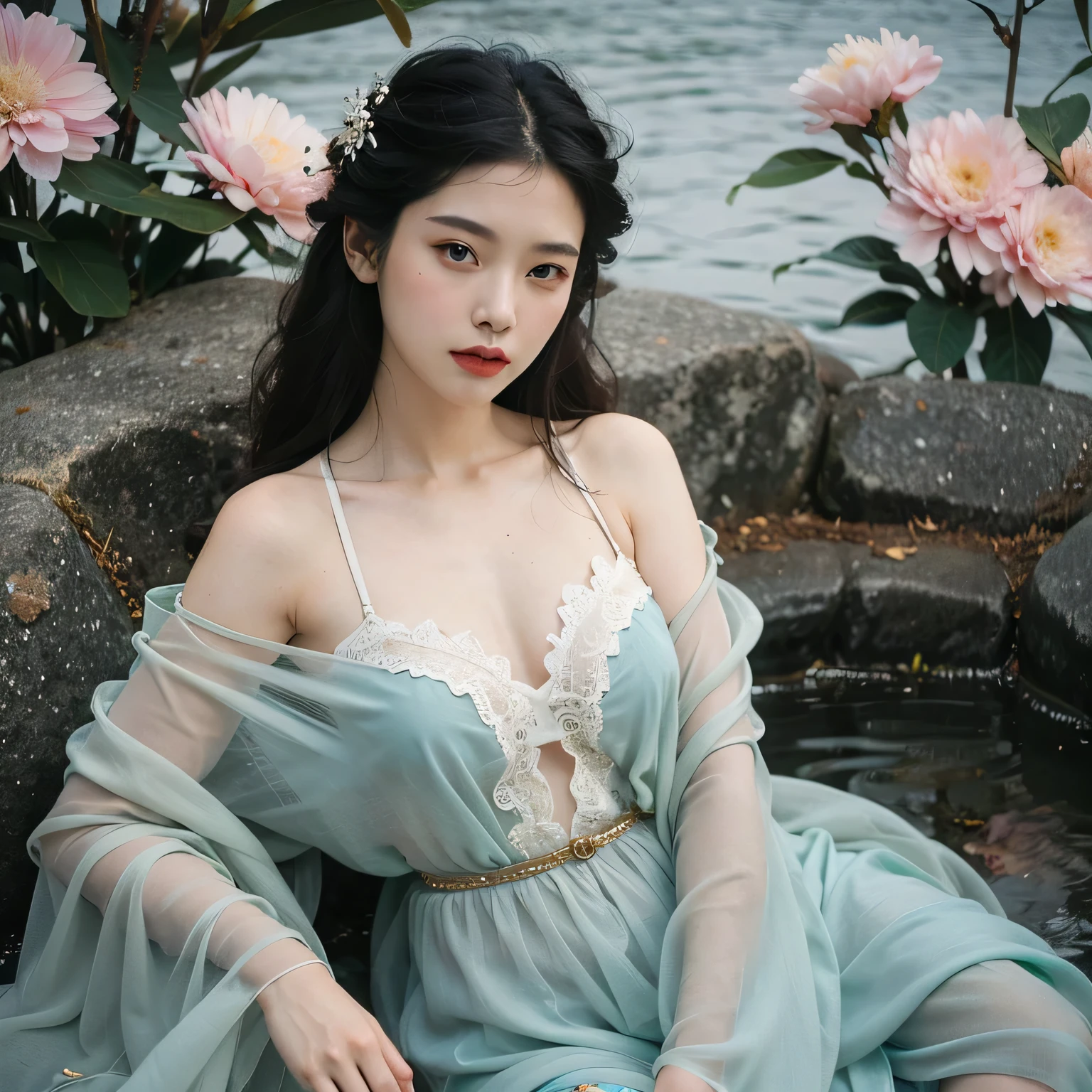 print dress, off shoulder, In the depths of Wonderland，The moonlight falls like water，foggy room，The figure of the heroine is vaguely visible，Just like the fairy in the painting，Slender sexy legs，Very nice legs，Leaking sexy legs，Big breasts，Beautiful with a hint of mystery。Her face is beautiful and delicate，Like finely carved jade，Showing otherworldly beauty。The eyebrows are picturesque，The waves in my eyes are like twinkling stars，Show the light of perseverance and wisdom。The bridge of the nose is straight，Lip color like cherry，The slightly raised corners of the mouth reveal confidence and calmness。Her face is well defined，The skin is as fair as jade，Reveals a healthy glow，Just like a fairy, she never eats fireworks in the world。Her makeup is light and delicate，Not too much embellishment，But enough to show her temperament and charm。Light-colored foundation brings out the transparency of the skin，A light eyebrow pencil outlines her perfect eyebrow shape，Eye makeup is eye shadow and eyeliner，Make her eyes brighter and more energetic。Lips painted with grace lipstick，Adds a bit of charm and sophistication。Her clothes are graceful and chic，Clothes flutter，It seems like it will be blown up by the wind at any time，drifting into the distance。Without losing grace，Also showed her extraordinary skills。A wide belt is tied around the waist，There is a crystal clear jade pendant hanging on it，Rocking with her movements。Her hair is tied back casually，Secure it with a hosta，A few strands of hair are fluttering gently in the wind，Adds a bit of softness。Her figure is looming in the fairyland，宛如一道big breastsbeautiful的风景线，attracted everyone&#39;s attention。She seems to be a fairy in wonderland，big breastsbeautiful、grace、mystery、and full of power。
