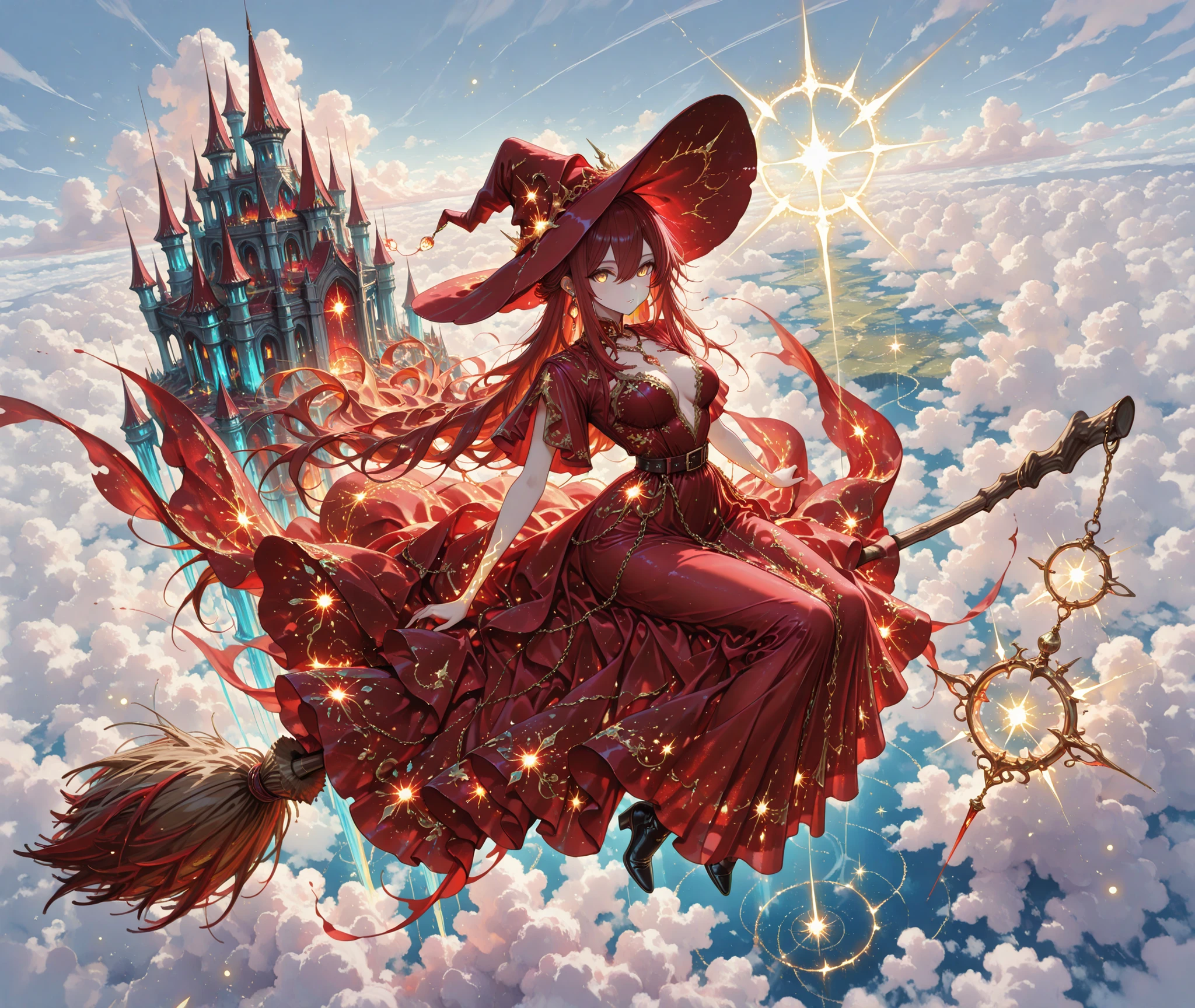 fantasy_dress_lora, ornate_outfit_style, elegant fantasy dress, enchanted outfit, asymmetrical fashion, layered fabric, shimmering fabric, magical embroidery, silk dress, flowing dress, fantasy jewelry, ornate accessories, intricate ornaments, rich colors,bioluminescent elements, magical light, glow bioluminescent elements, glow magical light, mystical atmosphere, captivating atmosphere, ethereal elements, exude charm and wonder,1 girl, Ryu Shana, golden eyes, ((burgundy hair)), (red hair:0.9), very long hair, hair between eyes, long sidelocks, , witch, red witch costume, huge witch hat, flying on broom, chain necklace, earings,  broom riding, solo,   sky, cloud, day, outdoors, dress, looking at viewer,   black footwear, belt, short sleeves, sidesaddle,   under her a  fantasy castle, isekai, fantasy world, kingdom,  colorful glass, transparent illustration, from above, wide shot, open arms for viewer, masterpiece, ultra detailed, very wide shot, ultra wide shot,perspective, cinematic lighting, cinematic shadows, scenery, 