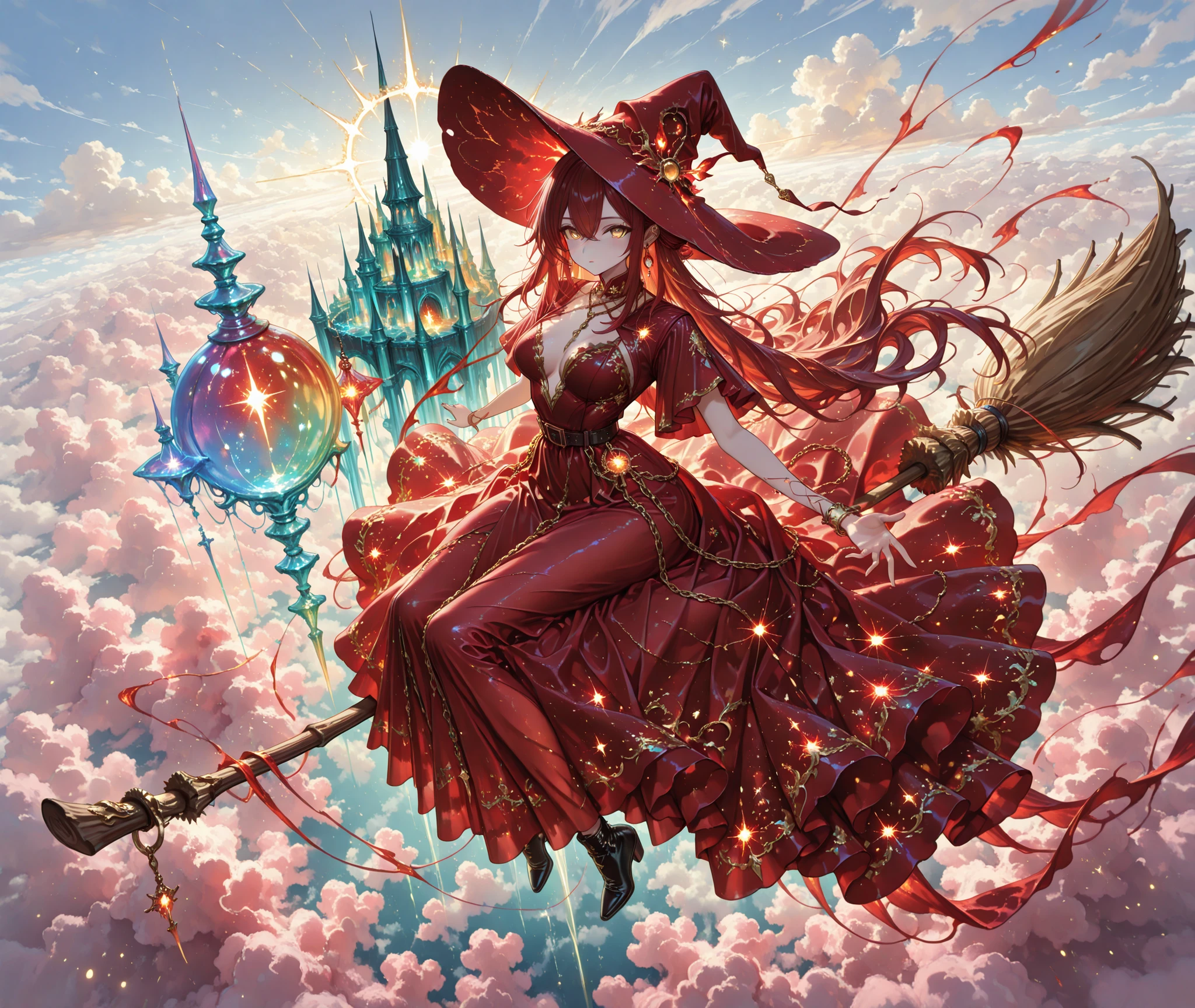 fantasy_dress_lora, ornate_outfit_style, elegant fantasy dress, enchanted outfit, asymmetrical fashion, layered fabric, shimmering fabric, magical embroidery, silk dress, flowing dress, fantasy jewelry, ornate accessories, intricate ornaments, rich colors,bioluminescent elements, magical light, glow bioluminescent elements, glow magical light, mystical atmosphere, captivating atmosphere, ethereal elements, exude charm and wonder,1 girl, Ryu Shana, golden eyes, ((burgundy hair)), (red hair:0.9), very long hair, hair between eyes, long sidelocks, , witch, red witch costume, huge witch hat, flying on broom, chain necklace, earings,  broom riding, solo,   sky, cloud, day, outdoors, dress, looking at viewer,   black footwear, belt, short sleeves, sidesaddle,   under her a  fantasy castle, isekai, fantasy world, kingdom,  colorful glass, transparent illustration, from above, wide shot, open arms for viewer, masterpiece, ultra detailed, very wide shot, ultra wide shot,perspective, cinematic lighting, cinematic shadows, scenery, 