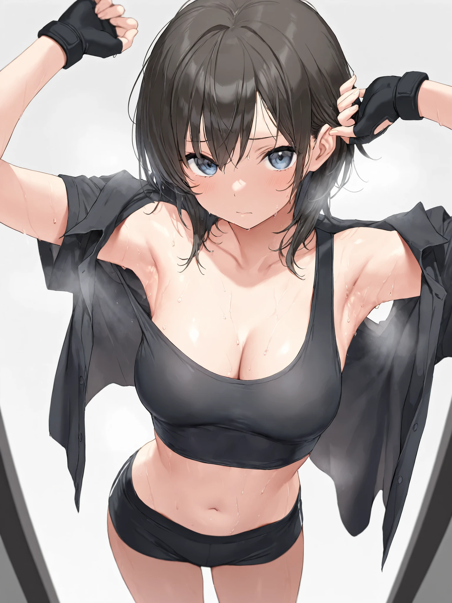 realisitic、Photorealsitic、cowboy  shot、​masterpiece、absurderes、1girl in、a navel、Inter-strands、A bracelet、looking at the viewers、A smile、Background sakura、Private garden、the wind、Floating hair、large full breasts、(((Wide waist)))、Toned body、A detailed eye、Hinata Hyuga,darkblue hair,shorth hair、Hinata sleeveless clothing、sleeveless shirts,(fishnet garment), Black lips, Unzipper jacket, no-bra、red blush