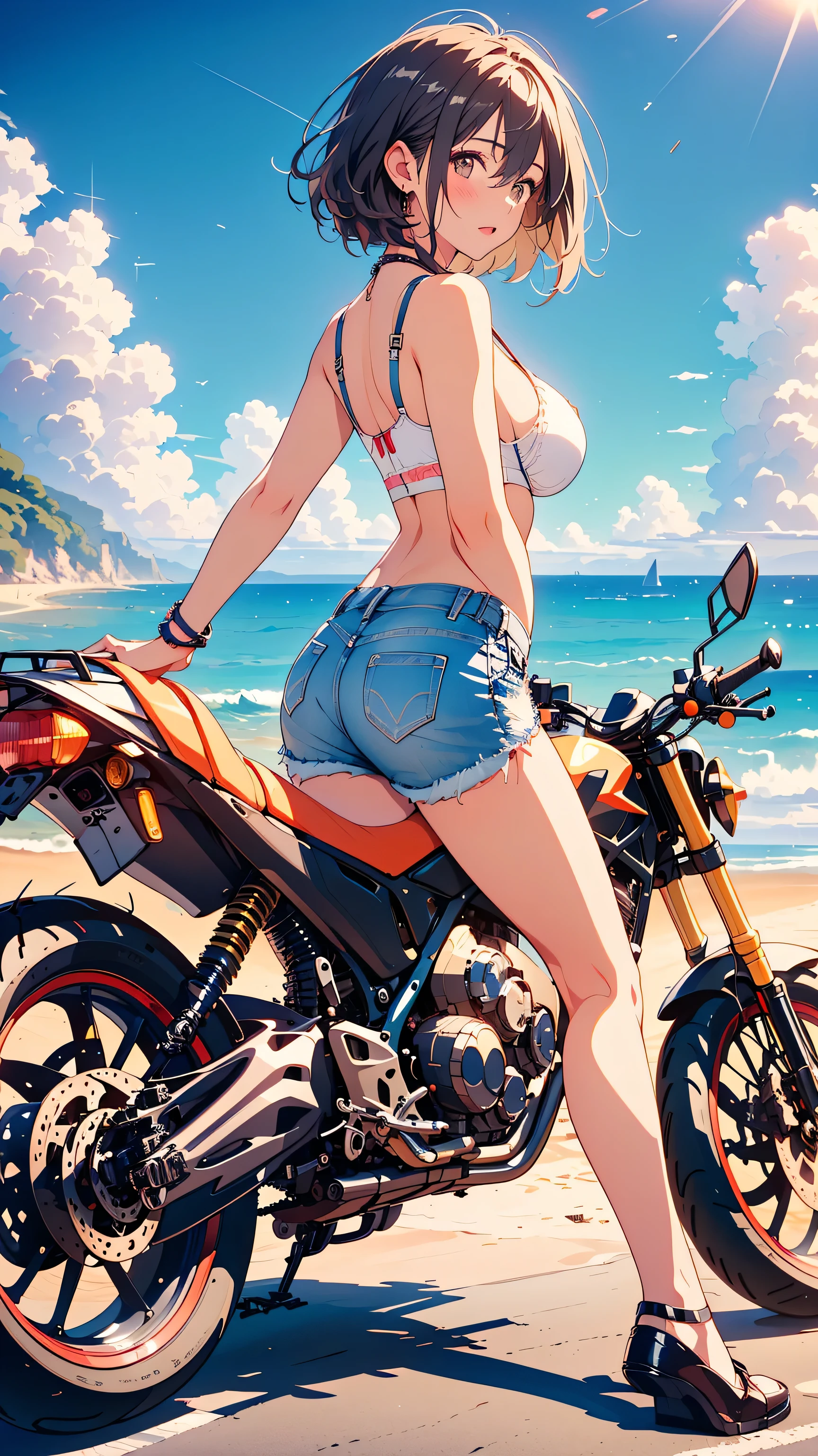top quality, super high resolution, (photorealistic), 8k, 4k, natural and realistic skin of one Japanese person, realistic skin texture, white skin, Natural Skin Textures, 1 female, 23 years old, グラビアbody Type, dropping eyes, ( thin hair, black, short, 乱れ髪, faded hair :1), (natural large breasts, Big round breasts), blush, (), ((cute underwear, mini size:1.3)) (()), (shorts, Jeans, Open buttons), (()), simple background, ((Coastal road, BROADY OCEAN BEYING BACKGROUND)), ((Riding motorcycle:1.3)), from side, is basking in the wind, Cowboy Shot,