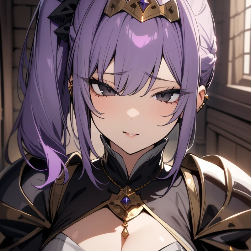(high quality,Very detailed:1.37, High resolution), Woman, defCm, hair over one eye, black tiara, purple capelet, black armor, cleavage, gauntlets, gloves, armored legwear, armored leggings, see-through, masterpiece, best quality, (wetting herself:2.0), embarrassed, humiliation, sweating, (blushing:2.0), (angry:1.5), tears, (sitting:1.5), throne, (hands behind back:2.0), from above, anime screencap