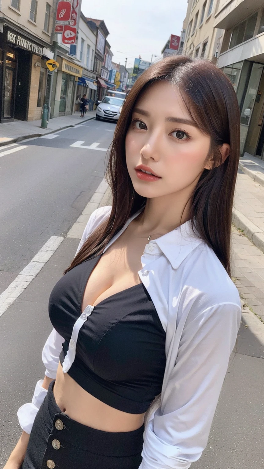high resolution, 1women, solo, hips up, (detailed face), night city, night ambience , night city lights, super sexy Minimalist police unbuttoned uniform, showing breasts, nipples , mini shirt and short skirt, dark blonde hair, sexy police woman look, bright face