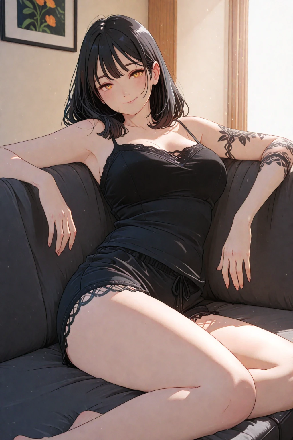 （Hands folded behind your back）、Beautiful breasts、Black Hair、Attractive breasts、Beautiful and attractive anime woman, Enchanting anime girl,Slippery、black eye、beautiful girl、、Quiet、Inconspicuous、Exposed locally.、White see-through tank top、Big Breasts、Stay in the house、Underwear is visible、Underwear is biting into、Small underwear、Shaved、Wet Skin、bed、（On the arm）Tattoo、（For the whole body）Tattoo、（On the neck）Tattoo、Nipples、large hoop earrings、（On the legs）Tattoo、（On my back）Tattoo、（On the stomach）Tattoo、Short Bob、Provocative、Looking down from above