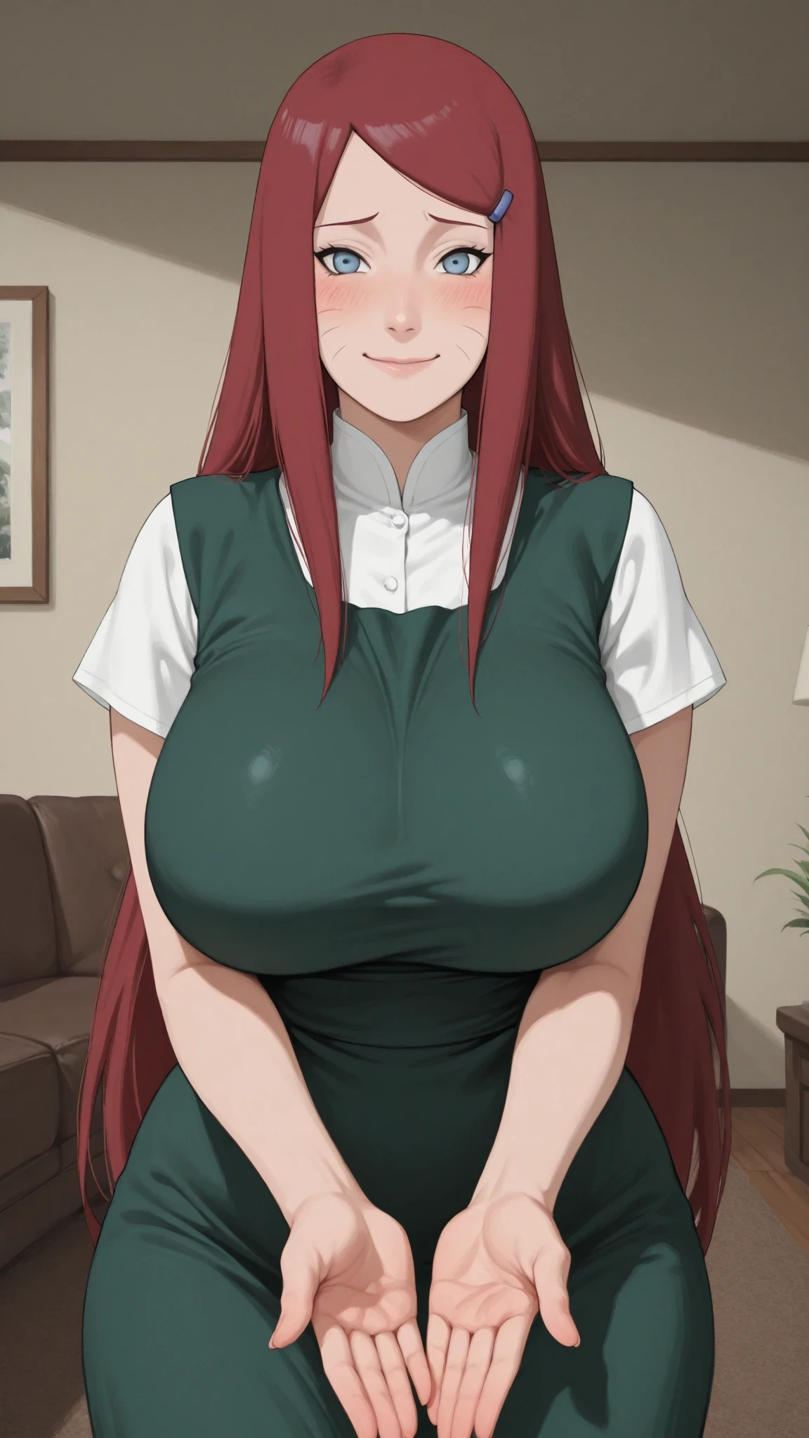 {{Artist: Sincos}}, 1girl,anime, mature female,tall, red hair, long hair, green eyes, green and white dress, indoors, living room, standing, smiling, busty, curvy, medieval fantasy, age 30 - 40, mature face, sharp features, Gold necklace, sweaty cleavage.