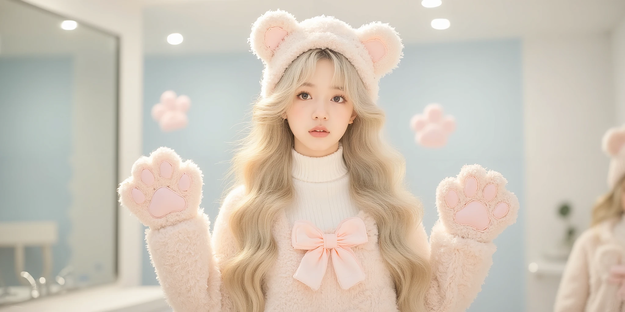 A young woman with long, platinum blonde hair styled in multiple intricate braids adorned with small bear-shaped charms, wearing a cozy white turtleneck sweater layered under a plush beige bear-themed overall dress with a large bow at the front and soft teddy bear ears on the chest. She accessorizes with a fluffy bear-ear hat featuring pom-pom details, matching bear paw gloves, and playful bear paw props floating around her. Her makeup includes soft pink blush, subtle eyeliner, and a gentle wink, creating a cute and whimsical kawaii aesthetic. The scene is captured with a straight-on camera angle, slightly tilted upward, using a medium close-up focus distance with a shallow depth of field to blur the bright indoor background featuring clean lines, a mirror, and a light-colored floor, enhancing the cheerful and playful vibe.