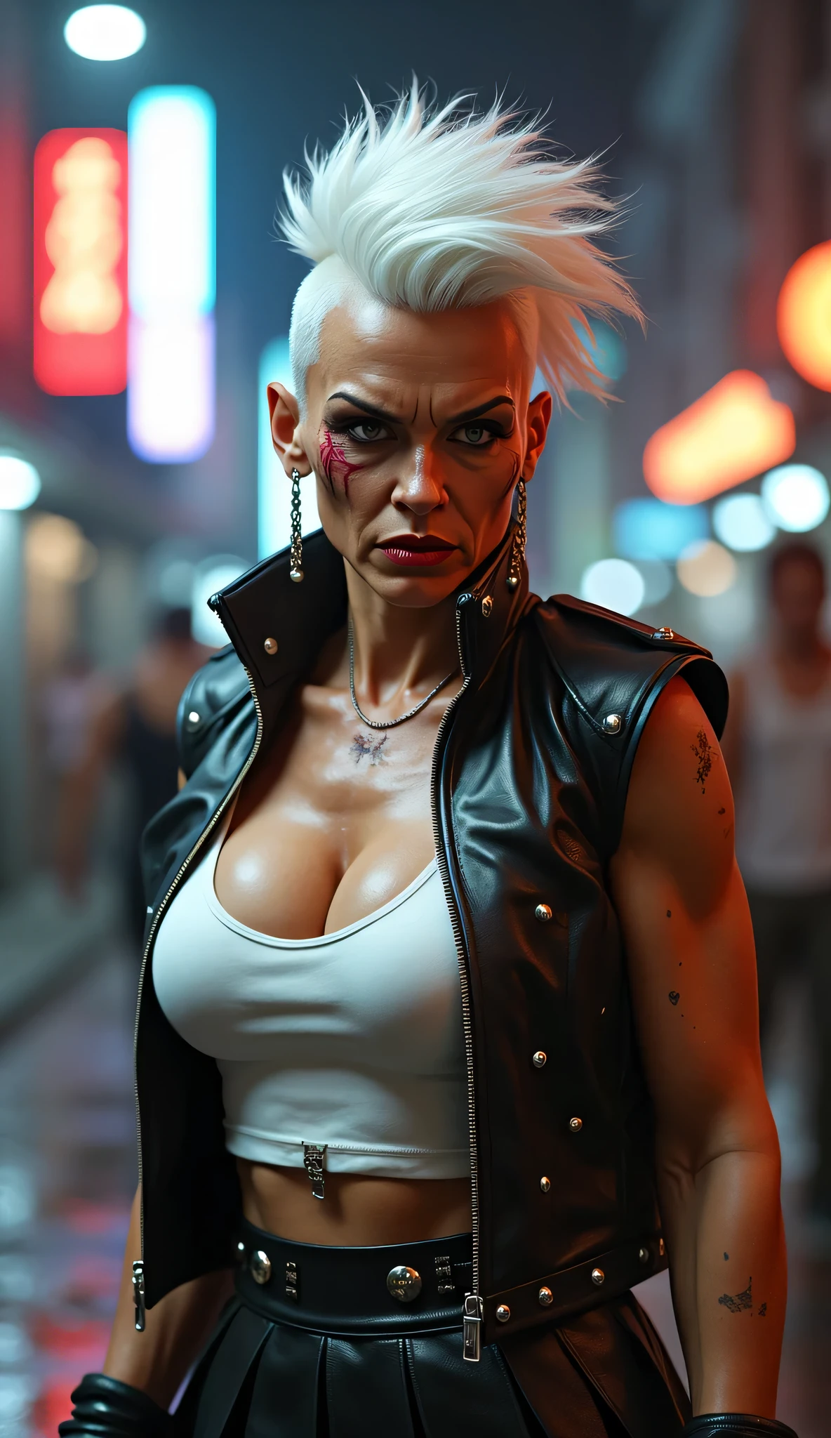 (masterpiece), (extremely intricate:1.3), (realistic), muscular bodybuilder girl, ((short undercut (([blonde hair:pink hair:0.7], [flat chest:large breasts:0.4], upper body, makeup:1.5, jeans, (perfectchainmail duster trenchcoat), red lips, neon night, darkness, shadow), tattoo:1.2))), outdoors, ((cyberpunk street)), professional photograph, sharp focus, dramatic, award winning, cinematic lighting, volumetrics dtx, (film grain, blurry background, blurry foreground, bokeh, depth of field), 8K