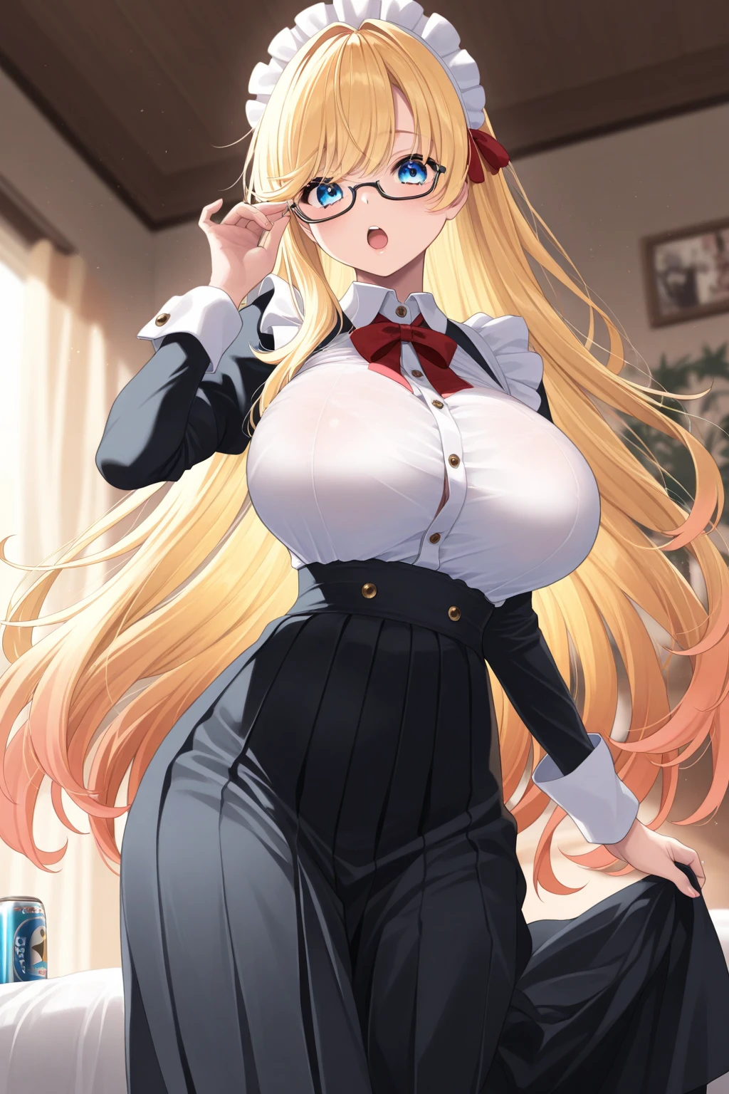 (High quality, High resolution, Fine details), (woman teacher), lustful gaze, confident posture, modern classroom, soft sunlight, romantic atmosphere, blackboard, blond hair, casual attire, professional, subtle makeup, sophistication, kind smile, engaging personality, vivid colors, subtle flirtation, playful interaction, exquisite details, vibrant energy, stylish glasses, expressive eyebrows, attractive figure, alluring charm, with confidence, enticing manner, flawless skin, sharp focus, solo, Curvy women, sparkling eyes, (Detailed eyes), blush, Large breasts, Sweat, Oily skin, Shallow depth of field