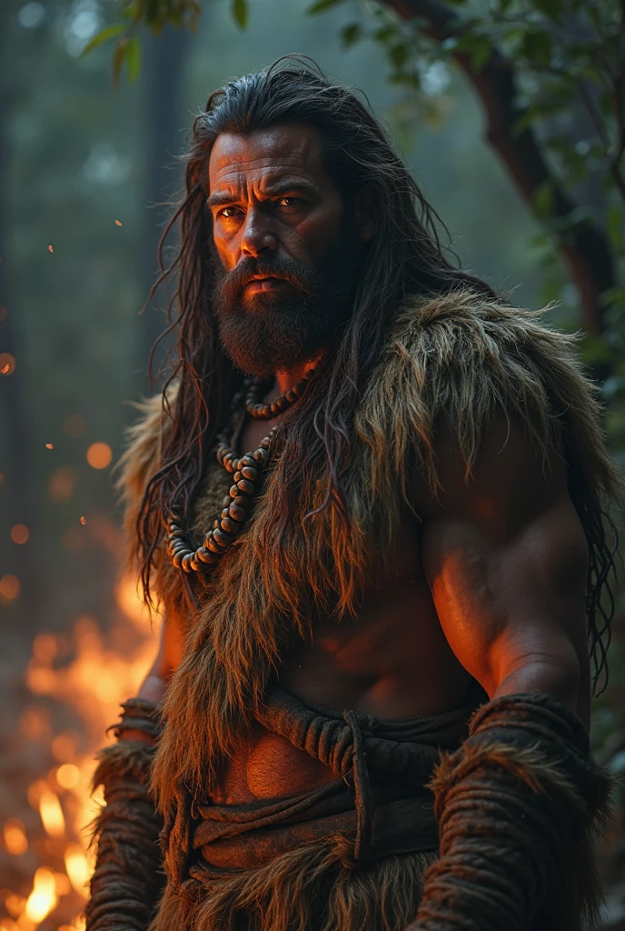 An illustrated movie poster, hand-drawn, full color, a giant barbarian, 21 years-old, wearing a leather harness, resembles Dean Cain, sun-tanned skin, stocky physique, extremely tall, chubby, robust, deep brown eyes, wide bulbous nose, black hair, curly hair, thick bushy eyebrows, scruffy beard, extremely hairy chest, stomach, and arms, lots of body hair, posing in a misty grove, hard shadows, graphite shading, stencil markings, airbrushed acrylic paint, masterpiece, in the style of Game of Thrones