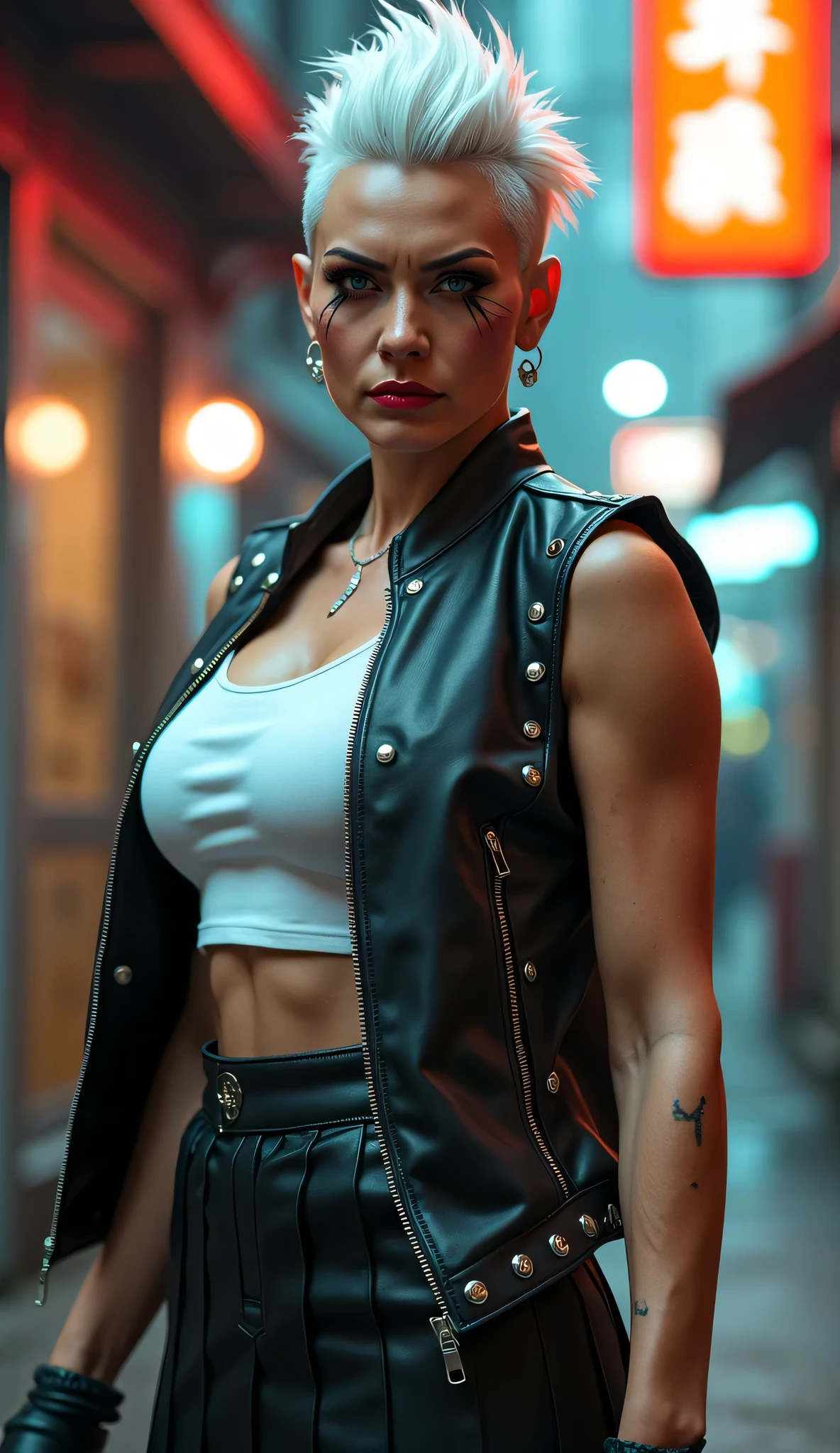 Best Quality, Ultra-High Definition, 8K Resolution, 32K Resolution, Masterpiece, High Detail, Ultra-Detailed, Photorealistic, Fujifilm X-T4, 1/125s, f4, ISO 800, Hyper-Realistic, Extremely Detailed, High Fidelity, Crisp Details, Sharp Focus, Realistic Textures, Intricate Details, Highly Detailed Eyes, Realistic Skin Texture, Beautiful photograph, intricate details, seductive cyberpunk, woman, tattoos:1.4, fashion, weapon, skinny, frail, leather vest, boots, science fiction, vivid, sharp, short blonde hair, side view shot, (highly detailed masterpiece Realistic extremely hyper aesthetic trending on artstation), Vibrant fantasy detailed epic heroic Ethereal Lighting, in a bar scene