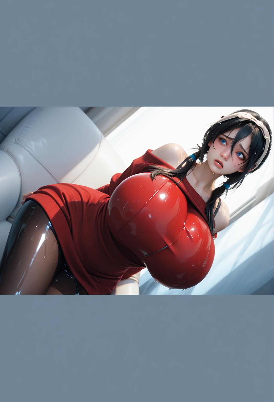 From below,Woman in red tight latex clothes,byself,Stand up,Hands were hoisted,((gigantic cleavage breasts)),Huge stacked breasts,(Surreal breasts )((Extremely full breasts)),((Super large)),Big breasts Thin waist,(((Extremely large breasts))),worried expression,seductiv