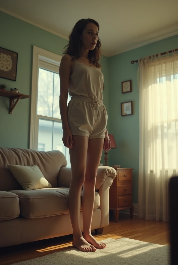 analog photo of most beautiful 17yo redhead girl, perfect body, white t-shirt, perky natural breasts, seductive, big lips, white shoes, posing,bedroom, dslr, grainy, found footage, green eyes, amateur photo
