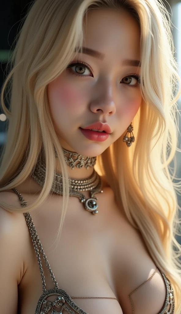 \\Special greetings to Ue-chan\\, Ultra-realistic、 ultra-detailed primetime portraits、 最high quality、 8K、highest level、 The ultra -The high-definition)、(Super beautiful)、(beautiful face:1.5)、(detailed face:1.5)、(detailed eyes:1.2)、(detailed lip:1.2)、(Detailed nose:1.2)、((cleavage:1.2))、((Use any technique, any style, any outfit, Sew, ((embroider)),choose the color of your eyes, hair and even hairstyles)), ((I encourage you to choose the right background for your phenomenally drawn creation))、 (Use any technique, any style, any outfit, even choose eyes color, ((hair different color than eyes))、 dynamic random fancy hairstyle, whatever and how to do it)、 1girl:1.4 22years old、fashion supermodel、real:1.75、photorealistic:1.75、(very delicate and beautiful、fine details:1.3)、masterpiece、 最high quality、 (high quality)、 (absurdres)、 (sharp fous)、(Glamour, paparazzi taking pictures of her)、 (blonde:1.3) (medium hair、extremely detailed)、 contrast、 (dark shot:1.22)、 Long 2blue_eyelashes:1.28、 (dark_eyeshadows:1.3)、 red_lipstick:1.45、((perfect round eyes))、 (dark_pink_makeup:1.24)、(matte skin:1.3)、 ((upper body shot))