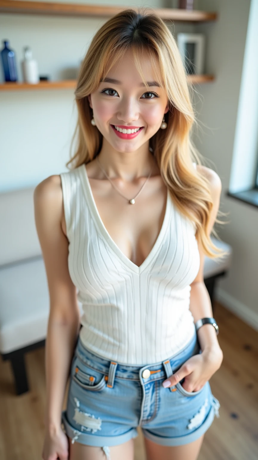 (8k, RAW photo, best quality, masterpiece:1.2),(realistic, photo-realistic:1.37),photon mapping,professional lighting,radiosity,1woman 60 years old,solo,ash blonde long_hair,(long legs:1.2),(earrings:1.1) smiling, in a frontal position, standing, full body, athletic, smiling, wearing a braless t-shirt and low-rise jeans. The setting is an office decorated in a modern minimalist style where there is an ivory chesterfield sofa with black veins.