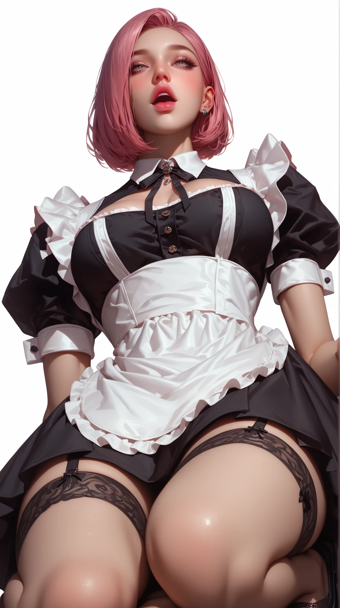(masterpiece, best quality:1.2), (good anatomy, good hand:1.2), high detail, 1girl, ahoge, apron, bangle, bangs, blue_hair, blush, bracelet, breasts, collar, earrings, eyebrows_visible_through_hair, frills, hair_intakes, heart, jewelry, large_breasts, multicolored_hair, nail_polish, pill_earrings, pink_eyes, pink_hair, pink_nails, ring, short_hair, smile, solo, sweat, thick_thighs, thighs, two-tone_hair,