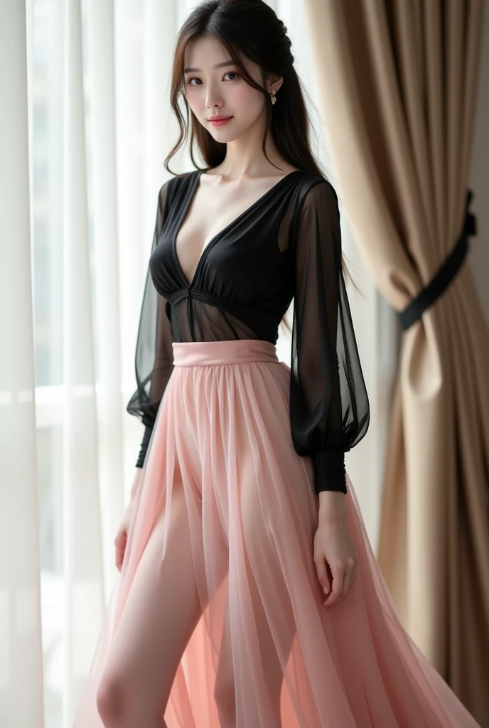 detailed background, masterpiece, best quality, 1 person , curly hair, long hair, purple eyes, star in eye , Strapless blouse, long  skirt