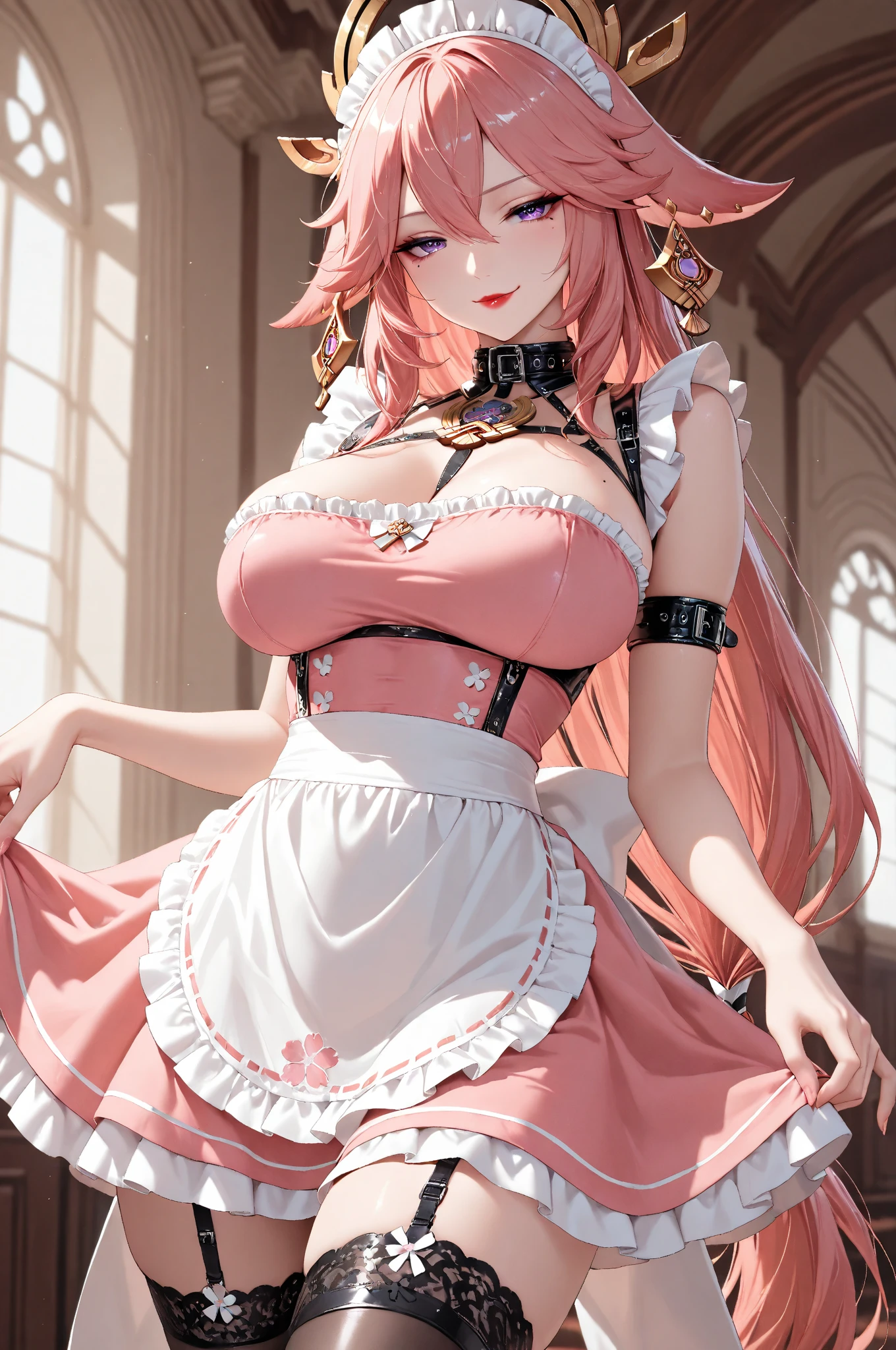 Hatsune Miku, long hair, aqua hair, twintails, cat ears, animal ears, long flowing hair, floating hair, ornament hair, perfectly body, perfectly hands, dark pink rose on hair, maid, maid dress, maid headdress, maid apron, seat on the grass, lake oriental with white carpas on the background, petals in the air, centered girl, maid dress, black dress, more details on her clothes, dress with transparency, golden details, daylight, smiling, cape, ((4k, masterpiece, top-quality)),8k, best quality, high resolution, HD, (illustration:0.8), super cute girl, delicate and beautiful face, 1girl, solo, mature girl, super cute hairstyle, (beautiful detailed eyes:1.6), extremely detailed face, perfect lighting, extremely detailed CG, (perfect hands, perfect anatomy), Best quality, cleavage, small skirt, full Body, Krul Tepes, a succubus girl, bat wings on her back, ornament hair, vampire girl, perfectly body, perfectly hands, wave hair, pink hair, long hair, maid, maid dress, maid headdress, maid apron, gothic castle scenery, gold lantern, gothic style, great hall with a stairway on background, black dress, more details on her clothes, black dress with golden details, night, smiling, coat, ((4k, masterpiece, top-quality)),8k, best quality, high resolution, HD, (illustration:0.8), super cute girl, delicate and beautiful face, 1girl, solo, mature girl, super cute hairstyle, (beautiful detailed eyes:1.6), extremely detailed face, perfect lighting, extremely detailed CG, (perfect hands, perfect anatomy), Best quality, cleavage, skirt, full Body, two legs, two arms, two hands, five fingers