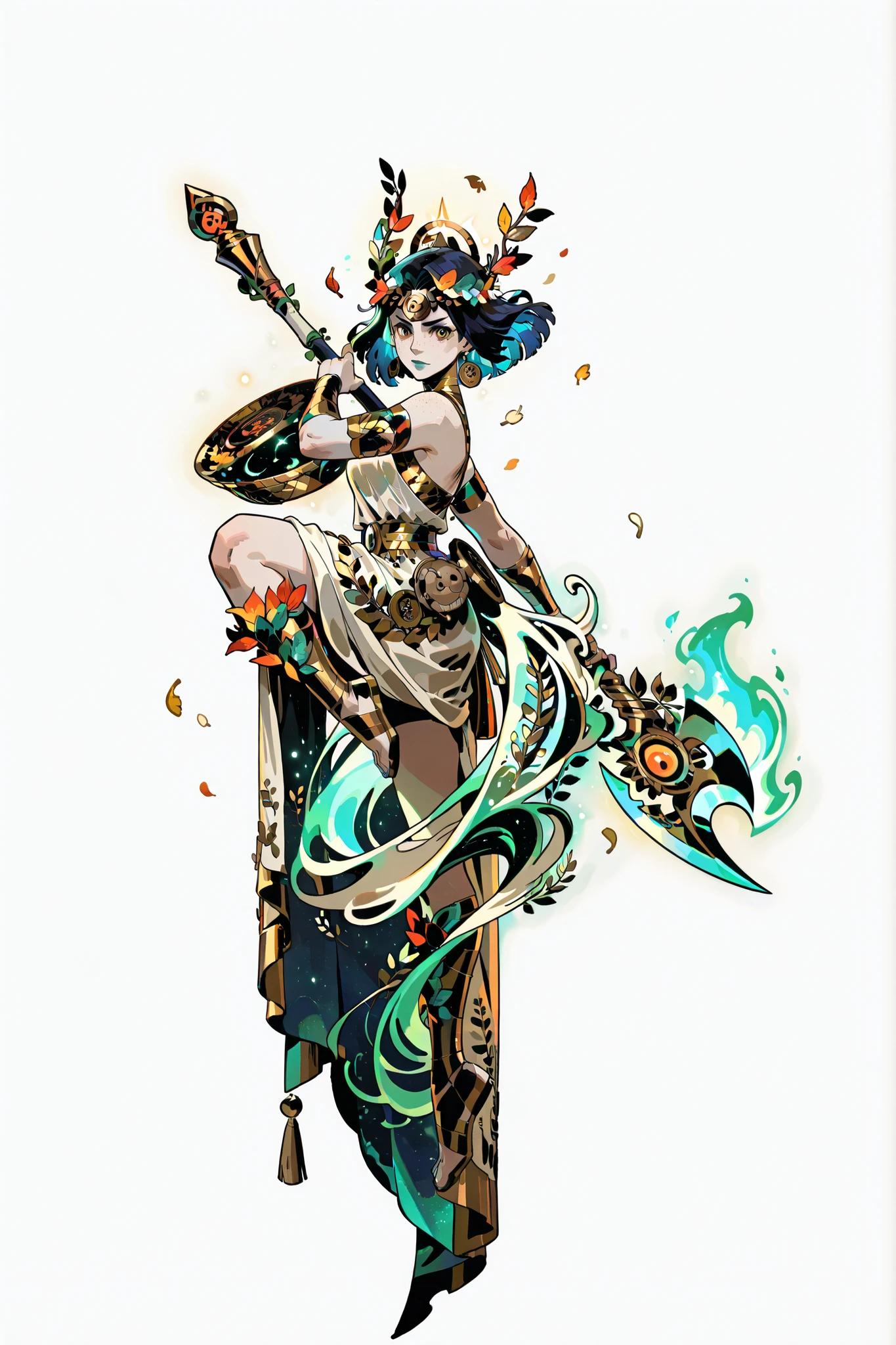 Greeks myth, elegant harvest scythe, glowing golden blade, engraved with vine and wheat motifs, ornate handle of dark wood and amber, ancient greek patterns, divine aura, light particles, ethereal glow, curved crescent blade, warm sunset tones, magical weapon, sacred relic style, concept art, stylized rendering, high contrast, supergiant games aesthetic goddess, dynamic pose, character design, Olympus, Hades style, bright colours, beautiful woman, autumn goddess, golden hair, amber eyes, flowing linen dress, wreath of wheat and berries, warm sunset light, soft freckles, gentle smile, detailed, soft lighning, greek myth inspired character, stylized art, thick black lineart, deep black shadows, vivid color palette, dramatic lighting, angular features, ornate armor, expressive pose, supergiant games style, hades character design, stylized anatomy, flowing hair, greek divine armor, glowing gold accents, confident expression, dramatic shadows, baroque greek motifs, inspired by Supergiant Games, Hades aesthetic, Anime, character, concept, black and white