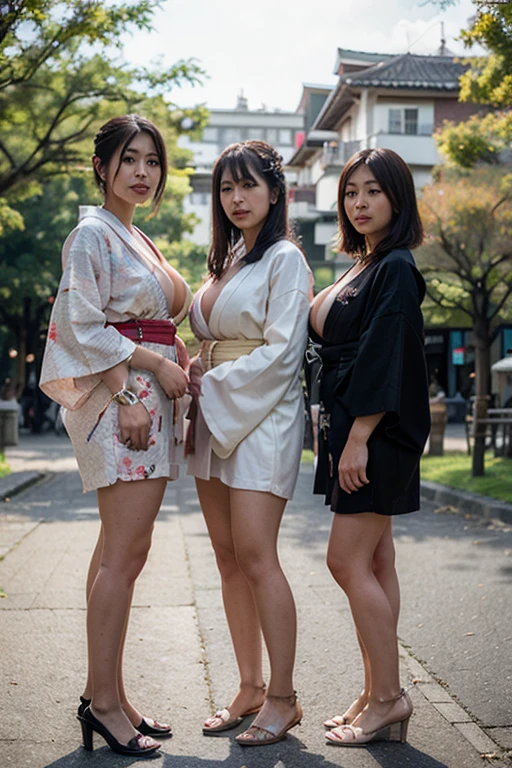 tres Prostitutas Japonesas com seios super gigantes usando um kimono sexy na rua a noite