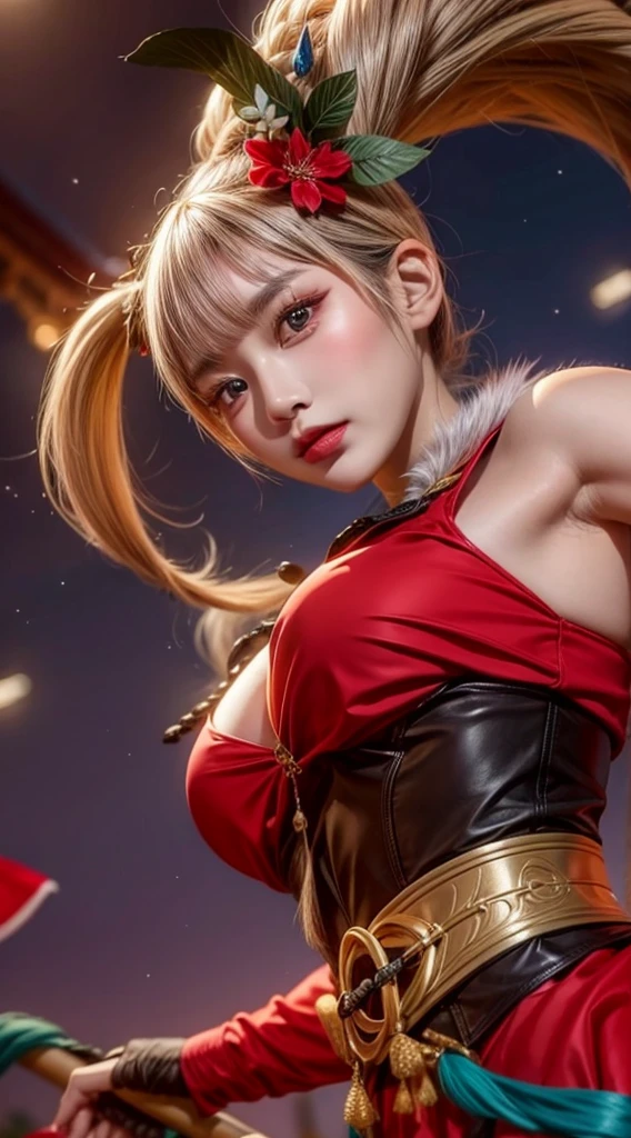realistic, 1 women, best quality, 12k, HD, long hair, big round breasts, cleavage, ponytail, necklace, jewelry, shorts, short jacket, slim hips, hair tie, yellow eyes, black hair, super detailed, Eye details, hair details, person details, mouth details, face details, breast details, clothes details, hair details, pants details, hand details, whole body