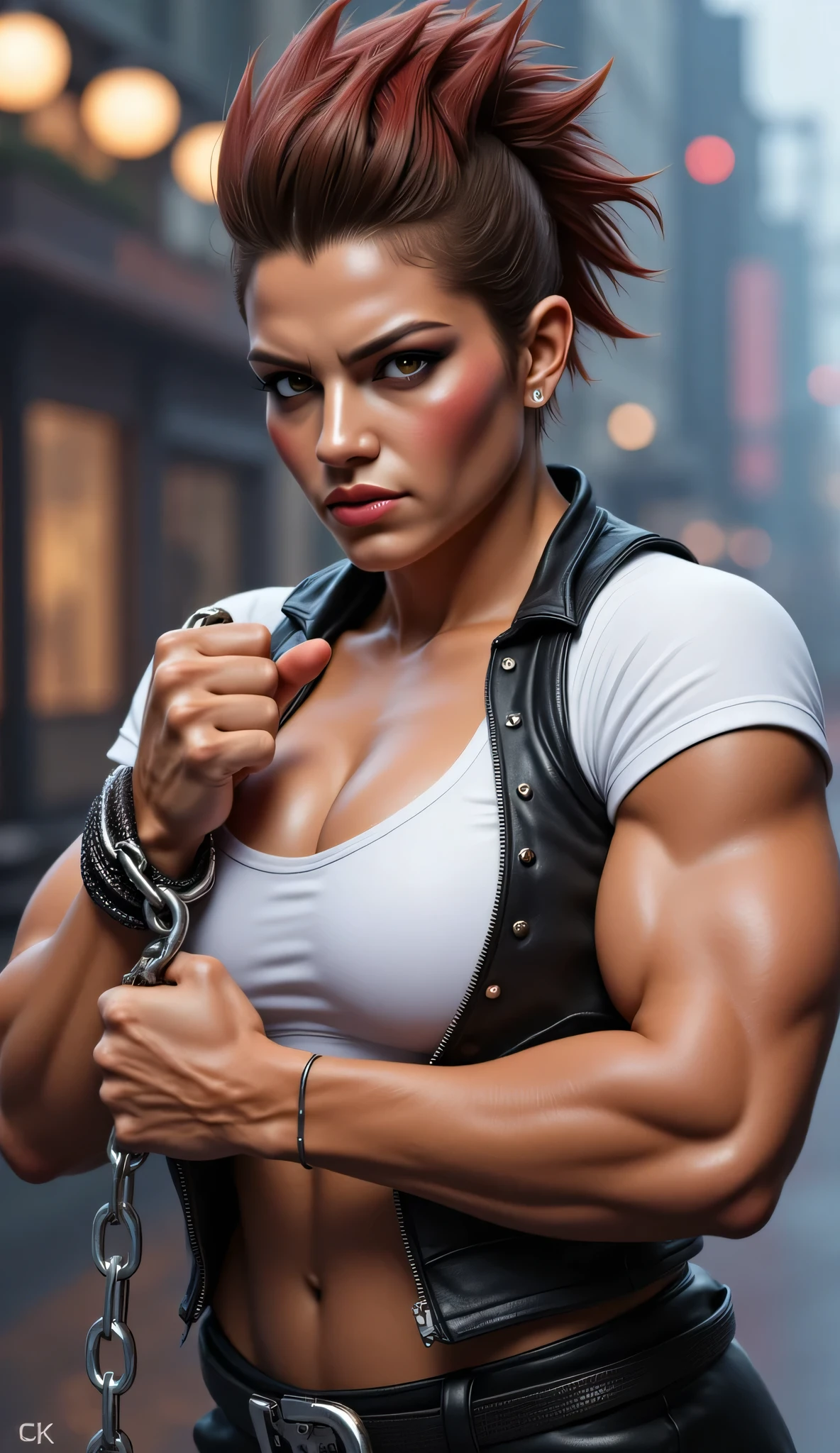 (realistic), detailed face, best quality, masterwork, masterpiece, 1girl, undercut, short hair, tomboy, edgfewr, <lora:edgFemaleWresting:0.7>, wearing edgfewr_costume, cowboy shot, wrestling ring,, clothing cutout, toned, midriff, crop top