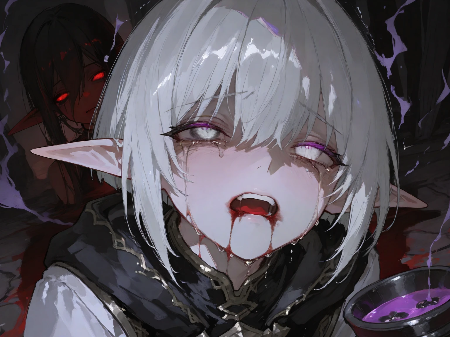 masterpiece, extra limbs, 1zombie lady, 25 years old, (white long high ponytail, white pubic hair), (((droopy eyes blank black eyes:1.5))), (((out of focus:1.5))),medium pointy breasts black nipples,large dark areolae, muscle, (((grey skin color:1.5))),(((afterglow open mouth saliva:1.5))),(serious), standing, (((clothed dark black knight armor cape))),cemetery,midnight