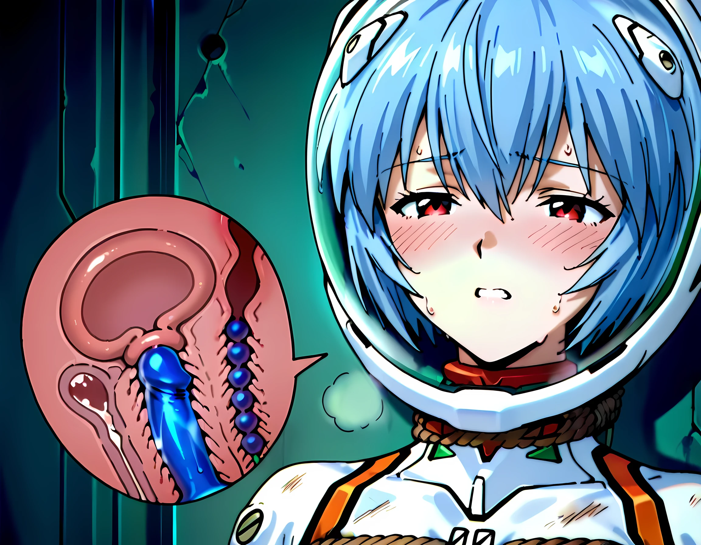 solo, {{{{face close-up,face, close-up,portrait}}}}, evangelion art style, White plugsuit, skintight, tight fit, small , Rei Ayanami, red eyes, blue hair, Short hair, cute face, lovely face, white-skinned pretty girl, Short stature, Covered in sweat, Mass sweat, Sweating profusely,steam,rough breathing, Heavy Breathing, sound effect, tired, half-closed eyes, text, Tight rope bondage, rope bondage, tied up, tight bondage, restrained, {{{{ruins}}}}, dirty costume, wet crotch, squirt love juice, dildo under clothes, dildo covered with costume, cross section, cervix penetration, uterus, double insertion, dildo, plug, anal beads, anal, vaginal, uterus, cross section, inside view, {{{eva helmet,full face helmet, White helmet,glass helmet, face visible through helmet, space helmet, PLUGSUIT HELMET}}},