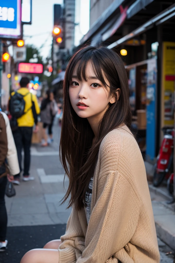 ​masterpiece, top-quality, Raw foto, Photorealsitic、full body Esbian、 beautiful a girl, cute little, shorth hair, depth of fields, hight resolution, ultra-detailliert, finely detail, ighly detailed, extremely detailed eye and face, Sharp pupils, Realistic pupils, foco nítido, Cinematic lighting、small tits、In the street、Casual wear