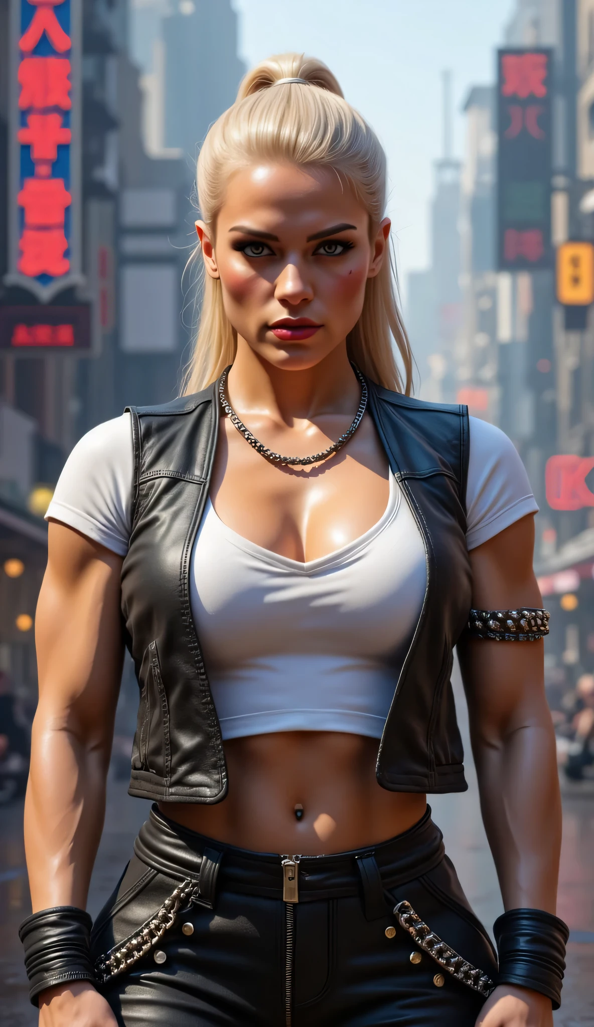 (masterpiece, photorealistic, extremely intricate), (photon mapping, radiosity, physically based rendering, ultra resolution, hyper-realistic, 8K), mature female, muscular athlete, she's a street samurai fist-fighting champion with a deep scar across her left eye, serious sneering expression, head tilted, she has on a white t-shirt stained worn under an unzipped black leather vest, chrome rivets, she has a heavy chrome chain wrapped around her left wrist, dynamic fighting pose, earrings, 30 years old, elegant, long eyelashes, makeup, red lips, background futuristic neon cyberpunk city street, professional photograph, blonde spiked hair mohawk with platinum highlights, bokeh, blurry background, interaction, metal reflections, dark eyes, blackout eyeshadow