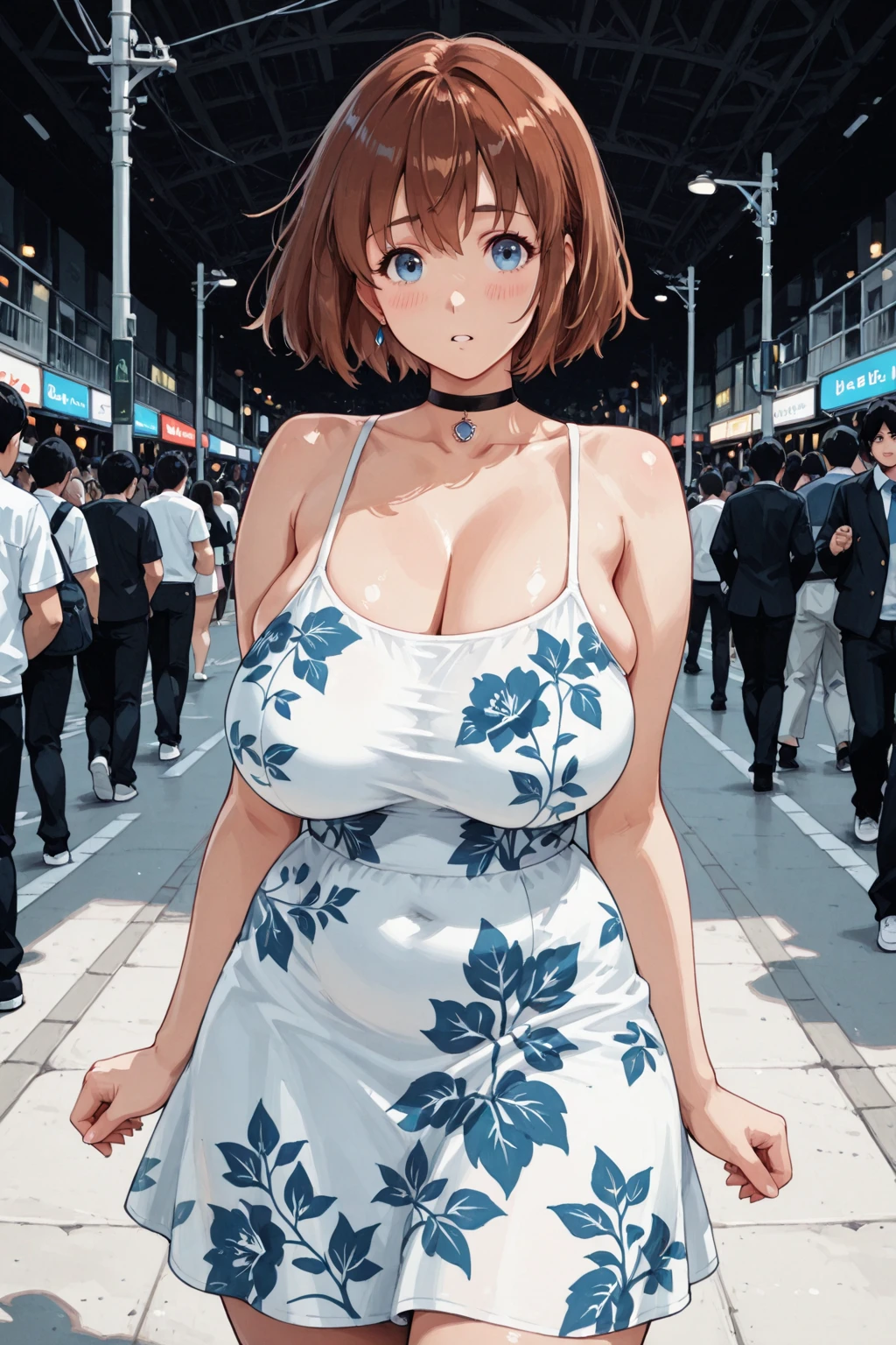 Girl3people,whole body,Short hair in twin tails,Wide forehead,Showing underboob,Off the shoulder,crowd,Surrounded,Carrying a bag,Close your eyes,See-through pantiey are touched,Being hugged from behind
