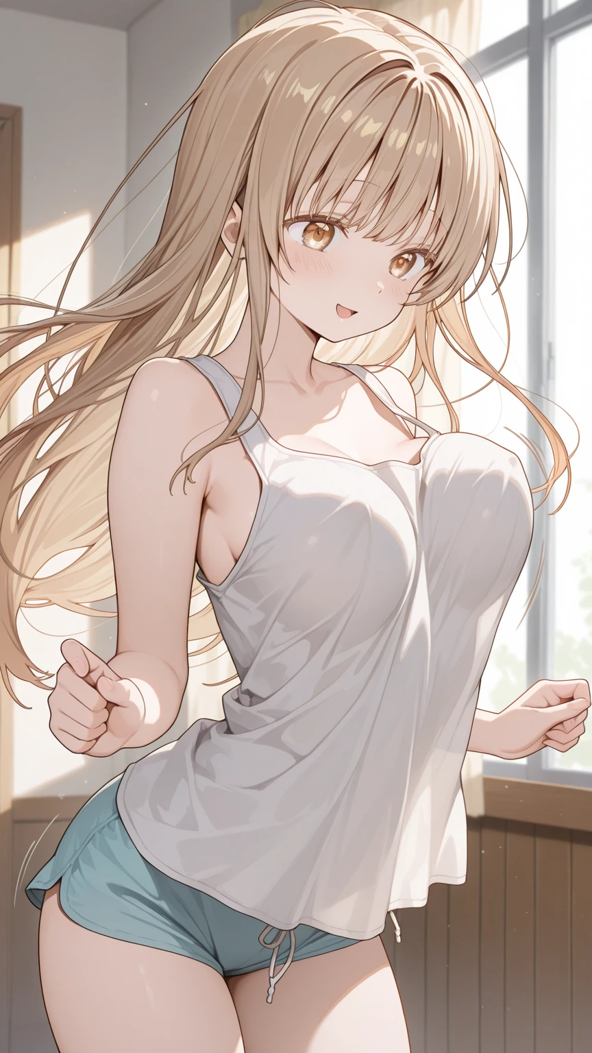 独奏、NSFW、tall、Toned body、slim body、((masterpiece))、((Highest quality))、((detailed)、((Adult female))、(((Light brown skin)))、((Shoulder-length wavy hair))、amount、(Light brown hair)、((Slanted Eyes))、Large Breasts、photograph、美しくdetailedな顔、detailedな目、Bright smile、Outdoor、(Sleeveless white dress、Beautiful belly button、Micro Mini Skirt)