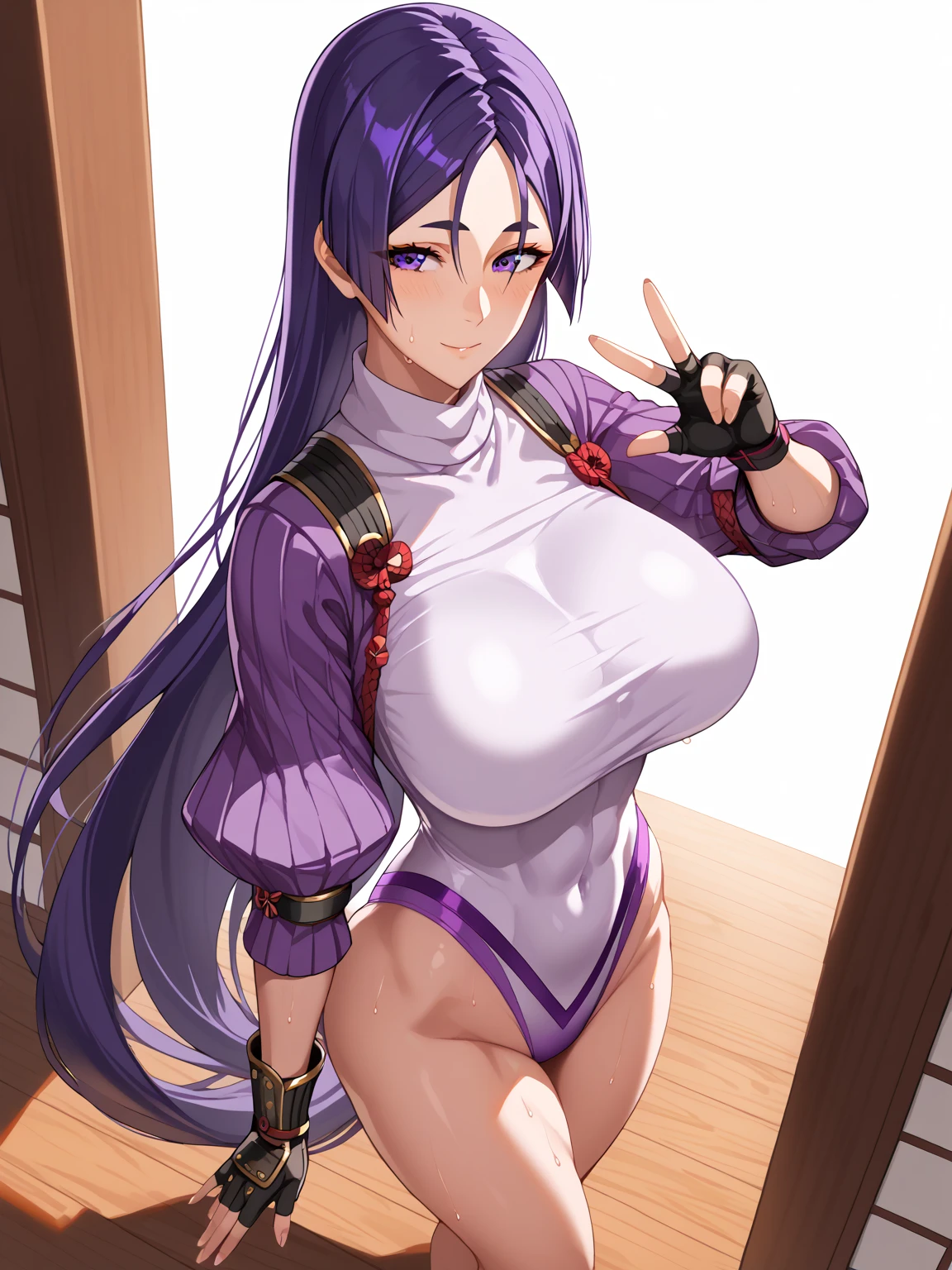 masterpiece, best quality, beautiful art, high resolution, well formed hands, body and fingers, 1 woman, solo, Ami  Tsuruga, hair ornament,  adult, grown up, big breasted, cleavage,  full body, braided long hair, blue_japanese_clothes, wearing DOA Kasumi's blue kunoichi dress, sexy and skimpy japanese clothes, kimono peek, sleeveless, white stockings, gorgeous legs and thighs, doing exercise, warming up, working out, sexy and captivating training, smiling joyfully and happily , looking at the viewer, , sweating , bouncing breasts, bikini thong,  training montage session, beach environment   