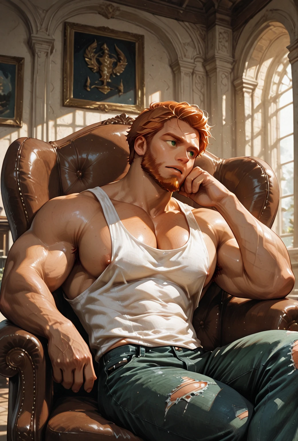 score_9, score_8_up, realistic, source_realistic, rating_questionable, bif, hen house, cardigan, light brown hair, dusk, lens flare,
<lora:proneXLP:.6>,prone, on stomach, lying, the pose,
glossy skin, muscular male, short hair, beard, bara, mature, <lora:egg_leonard-04:.4><lora:style_Concept Art DarkSide Style LoRA_Pony XL v6:1>