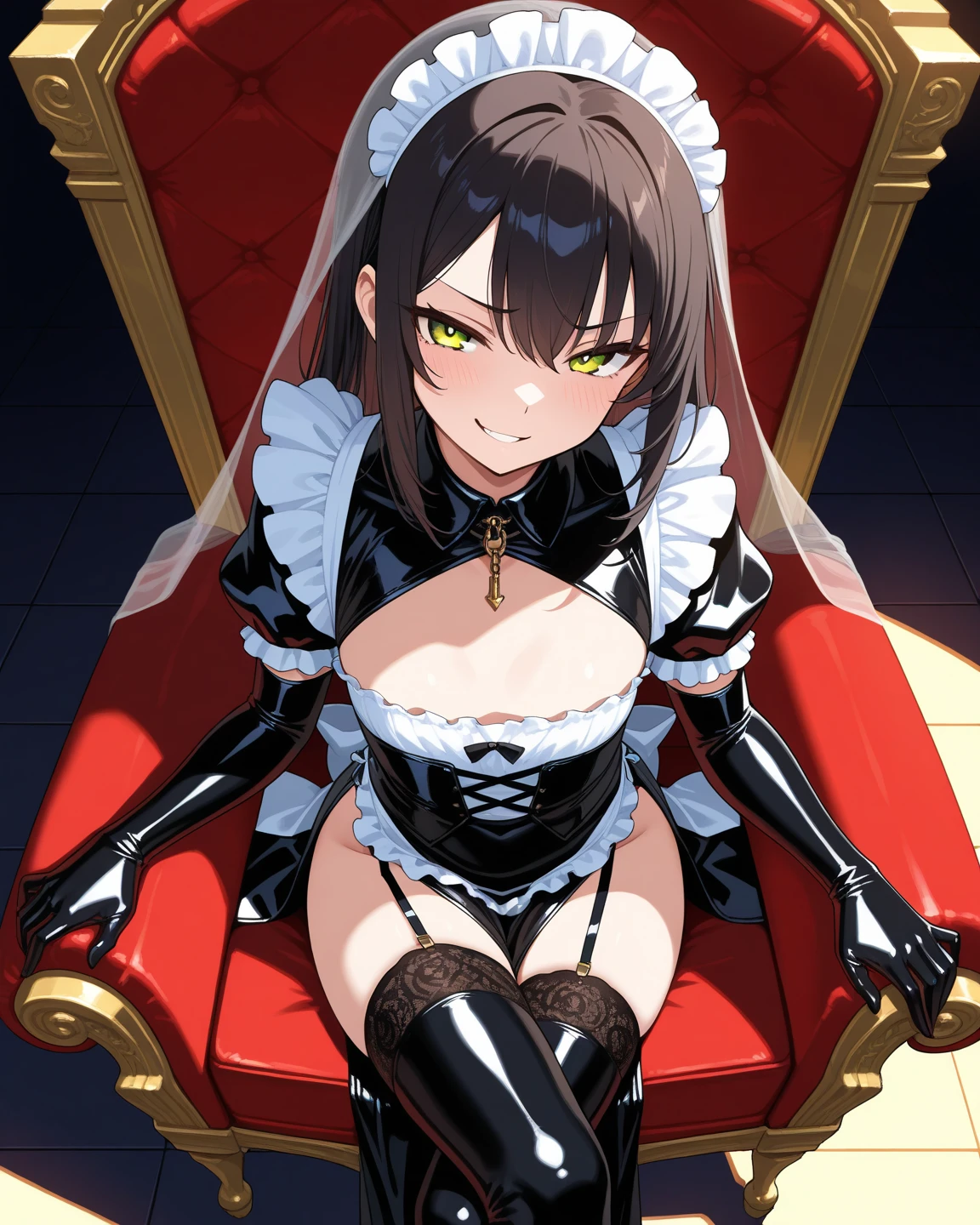 (Masterpiece:1.3), (best quality:1.2), 1girl, ruanyi022, (pelvic curtain:1.5), (red hair:1.2), medium breasts, green eyes, smile, (blush:1.3), kneeling, spread legs, straps, sleeveless, roses, (see-through:1.2), (nipples:1.1), <lora:killing nun_v1_ruanyi:0.7>, church, stained glass, altar,
