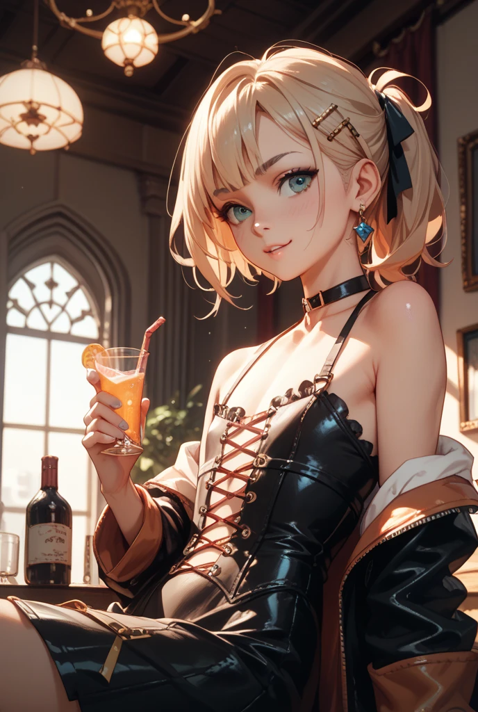 superb, amazing, super high quality, actual, girl, (beautiful face 1.4), (Big deal, Tighten the waist), blonde short hair, blue eyes, indoors, Bokeh, beautiful light, shiny skin, small head, Smile, dinner , Hold the cup