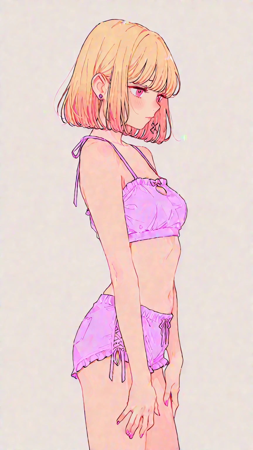 (masterpiece, best quality), clothing store, 1girl, , , slim, 13 years old, crop top, (white panties), in a colorful clothing store, (changing clothes), smile, fun, wide angle, vibrant colors, watercolor, rear view, back view, butt view