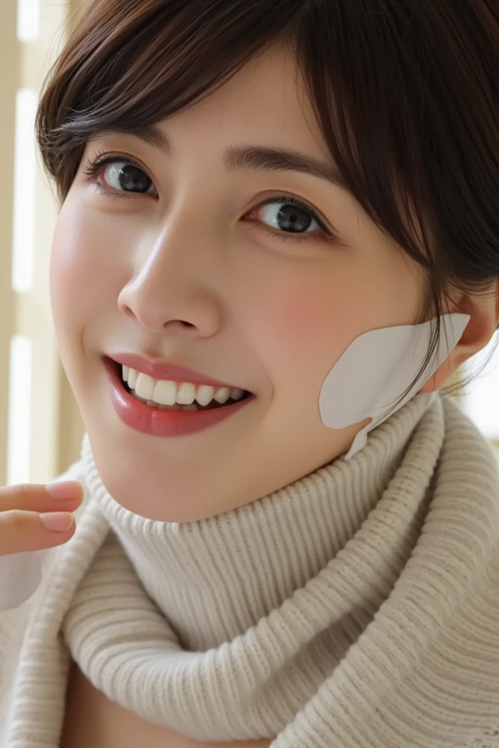 ((шедевр、beste-Qualit、high-detail))、女の子1人、(photo- realistic:1.4)、独奏、White background、with a pure white background、closes mouth、Happy smile、Smile happily、pretty black hair、Shorthair、big eye、Distinct double eyelids、Lashes、Put your ears out、long neck、long neck、Absolute Area、((Face close-up))、(cap、Draw all the shoulders)、19yearsold、Attractive proportions、glowy skin、Clean collarbone、The face of the golden ratio、perfect  face、Tear mole、Mole on the chest、bangss、Clean bangs、lipgloss、thin lips、White-colored skin、barechested、big chest out、Small face、smaller face、Draw all the heads、Draw all the shoulders、no-makeup