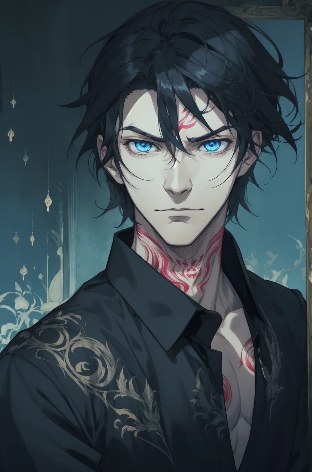 solo,handsome, monotone,Watercolor,
1. male,
bangs,Straight Hair,Bob Hair, マンバン ,
black hair, Gojo Satoru,angel wing,
red Eyes,Black Rose Tattoo,butterfly Tattoo,
Black kimono,Japanese Pattern,
skin,Silver Accessories,
White background,